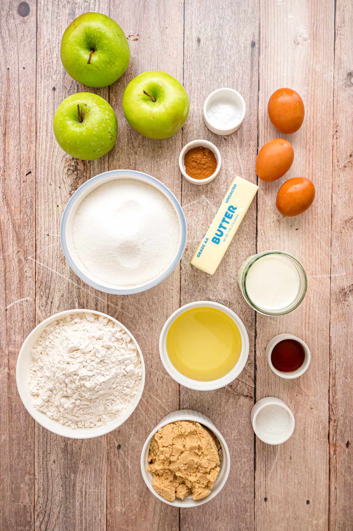 Overhead view of ingredients to make apple bundt cake