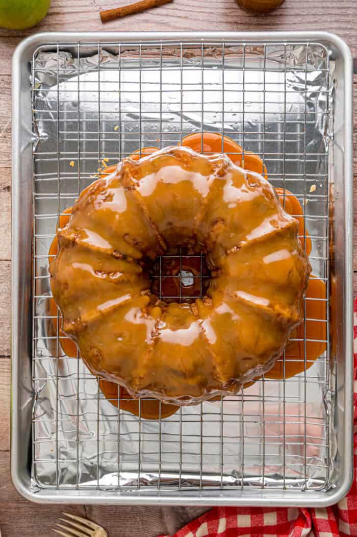 Caramel glaze on top of a bundt cake
