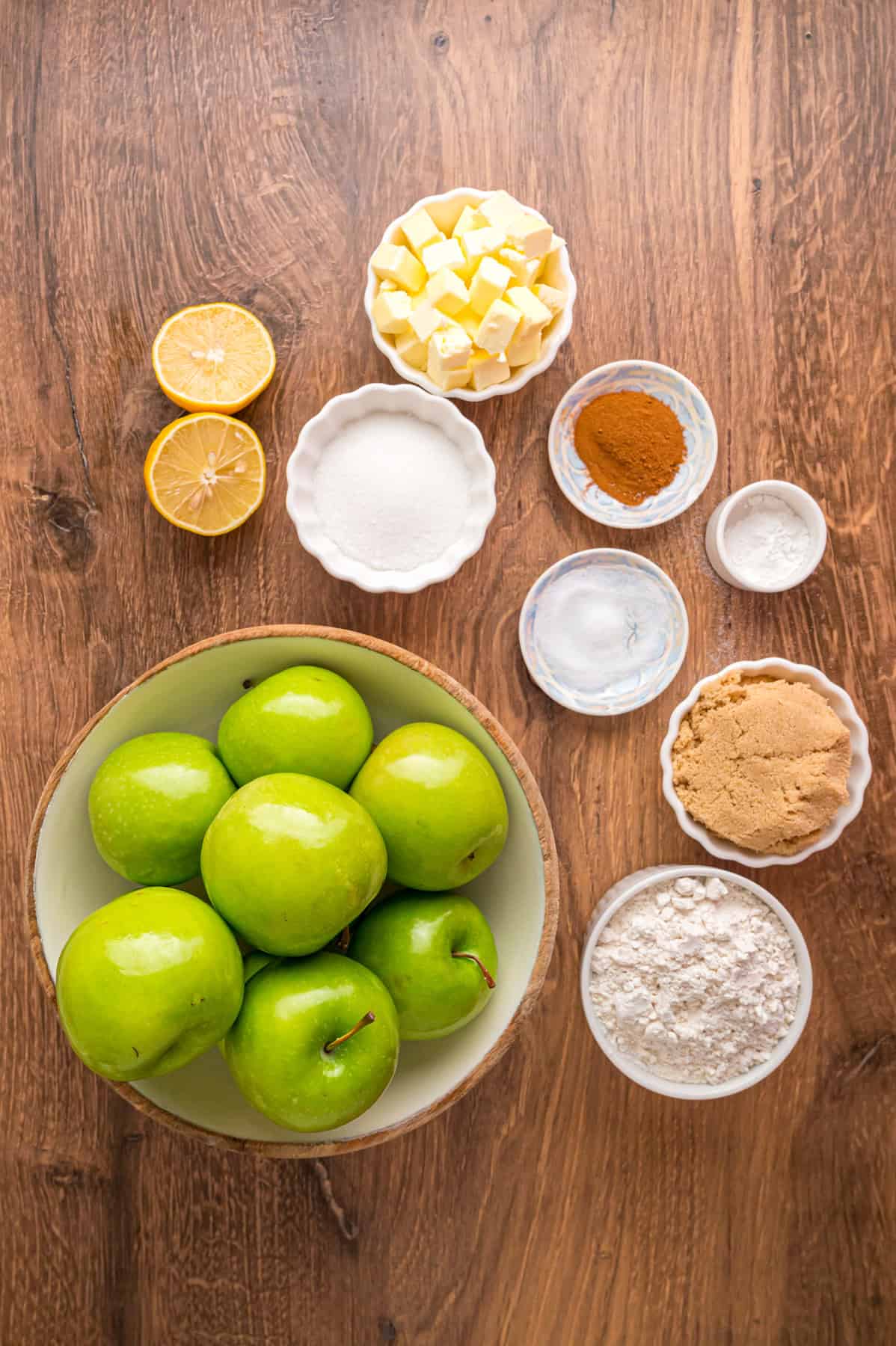 Overhead view of ingredients needed to make apple crumble