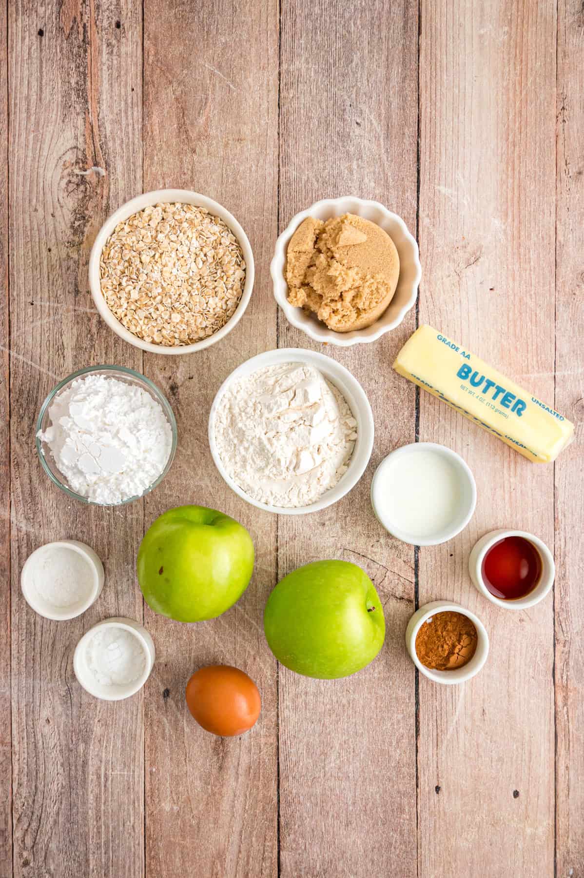 Overhead view of ingredients needed to make apple oatmeal cookies