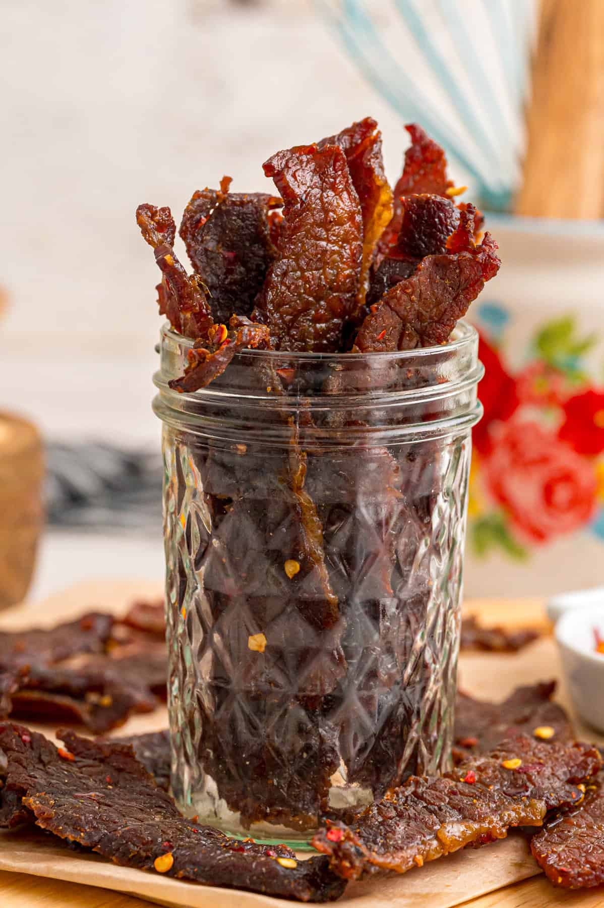 Beef jerky in a glass jar