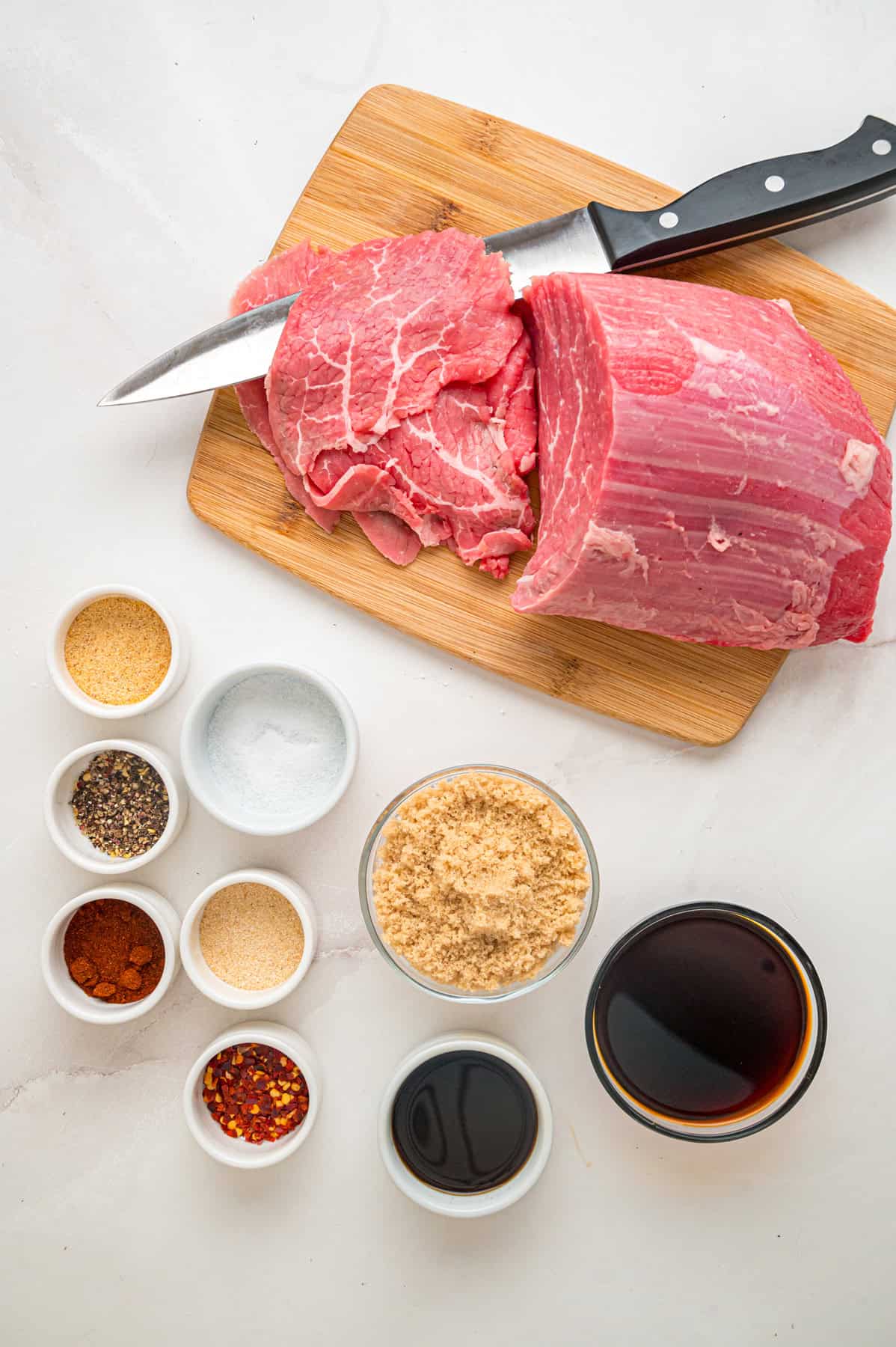 Overhead view of ingredients needed to make beef jerky recipe