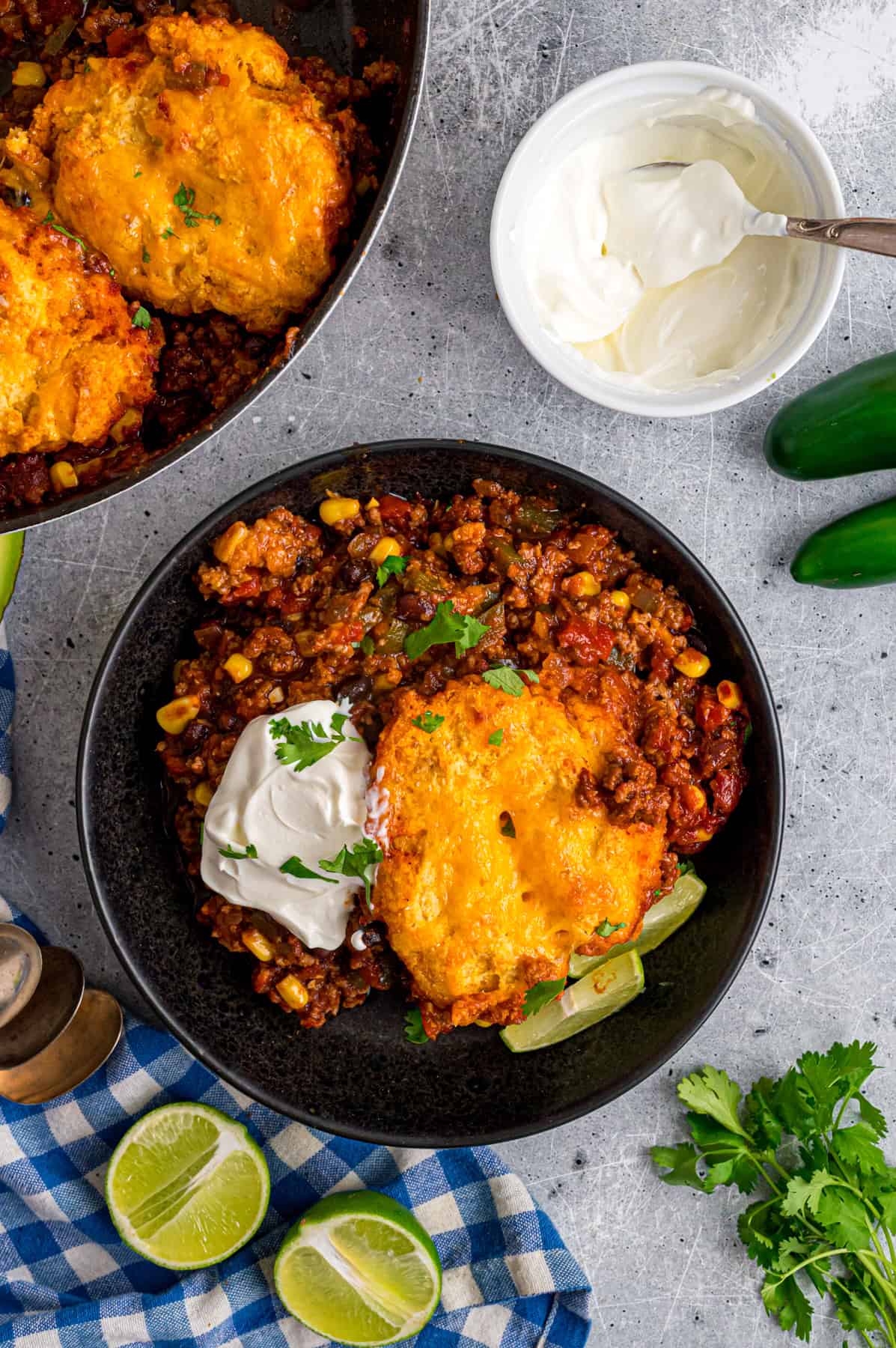 Overhead view of a plate of chili cornbread casserole