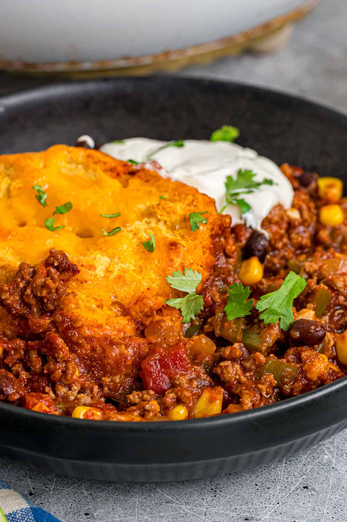 Close up of a plate of chili cornbread casserole