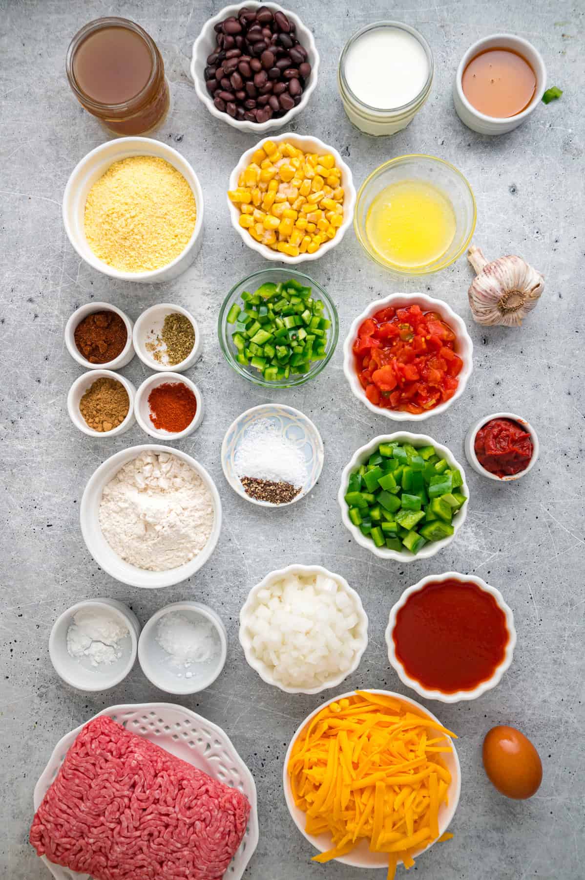 Overhead view of ingredients needed to make chili cornbread casserole