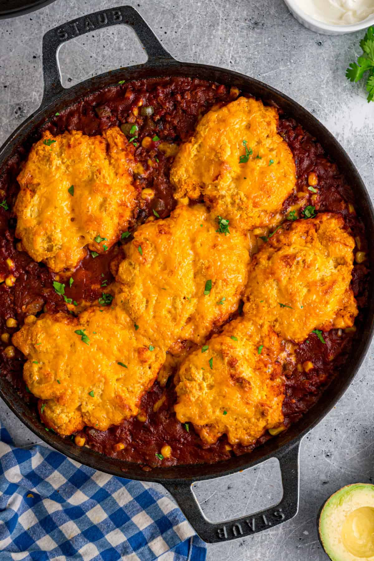 Baked Cornbread Chili Casserole in a skillet