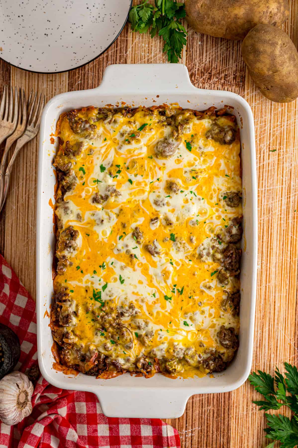 Overhead view of hamburger potato casserole