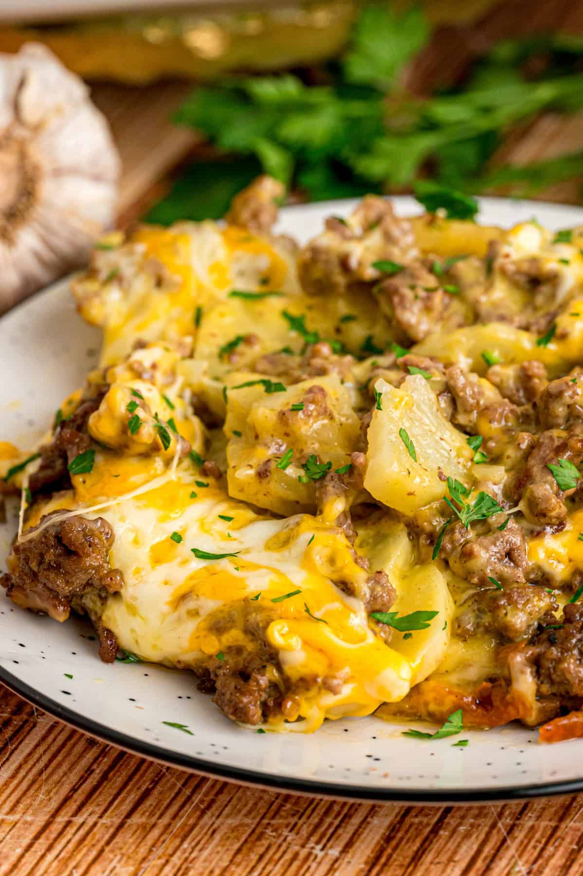 A plate of hamburger potato casserole