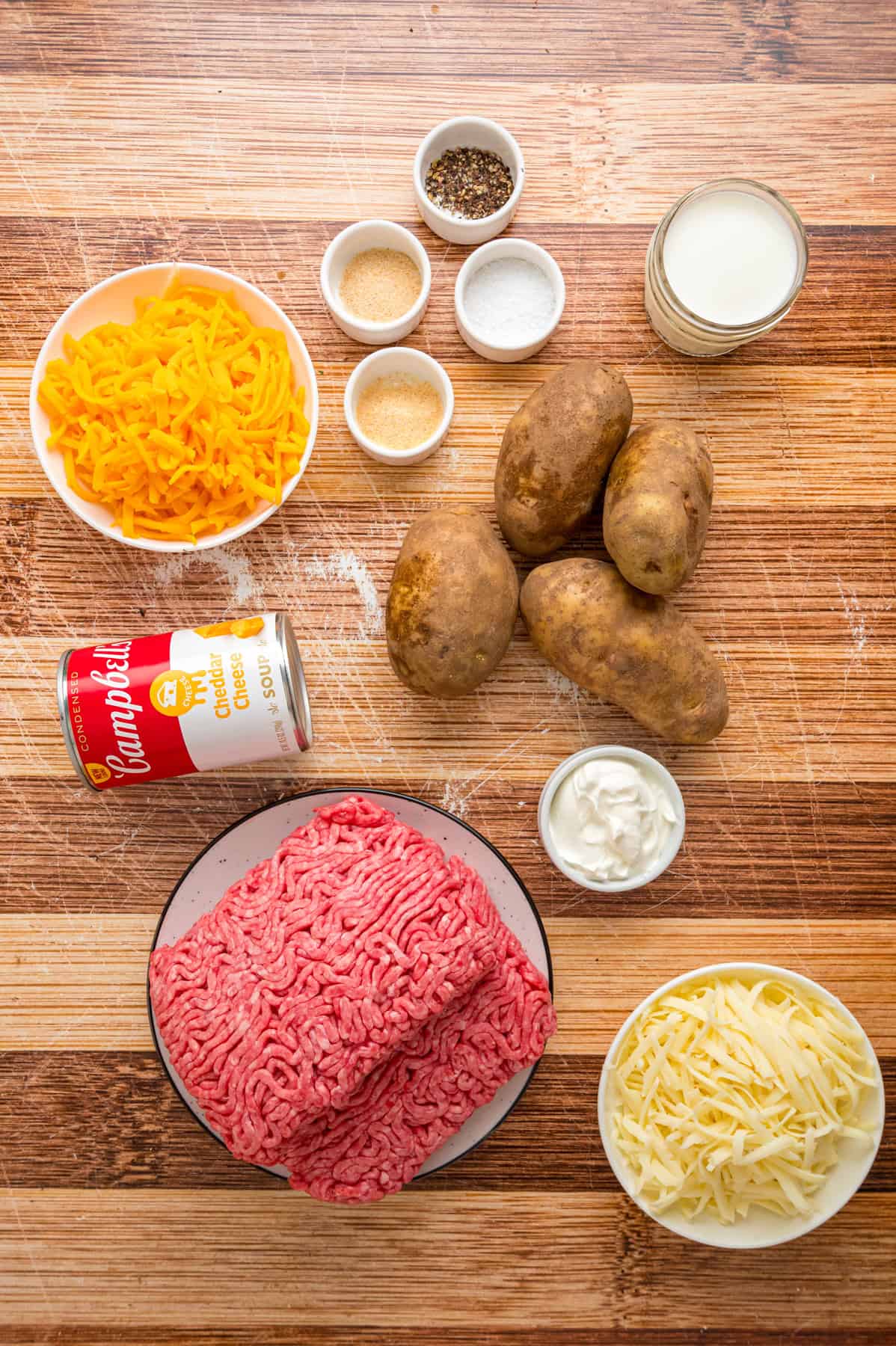 Overhead view of ingredients in hamburger potato casserole