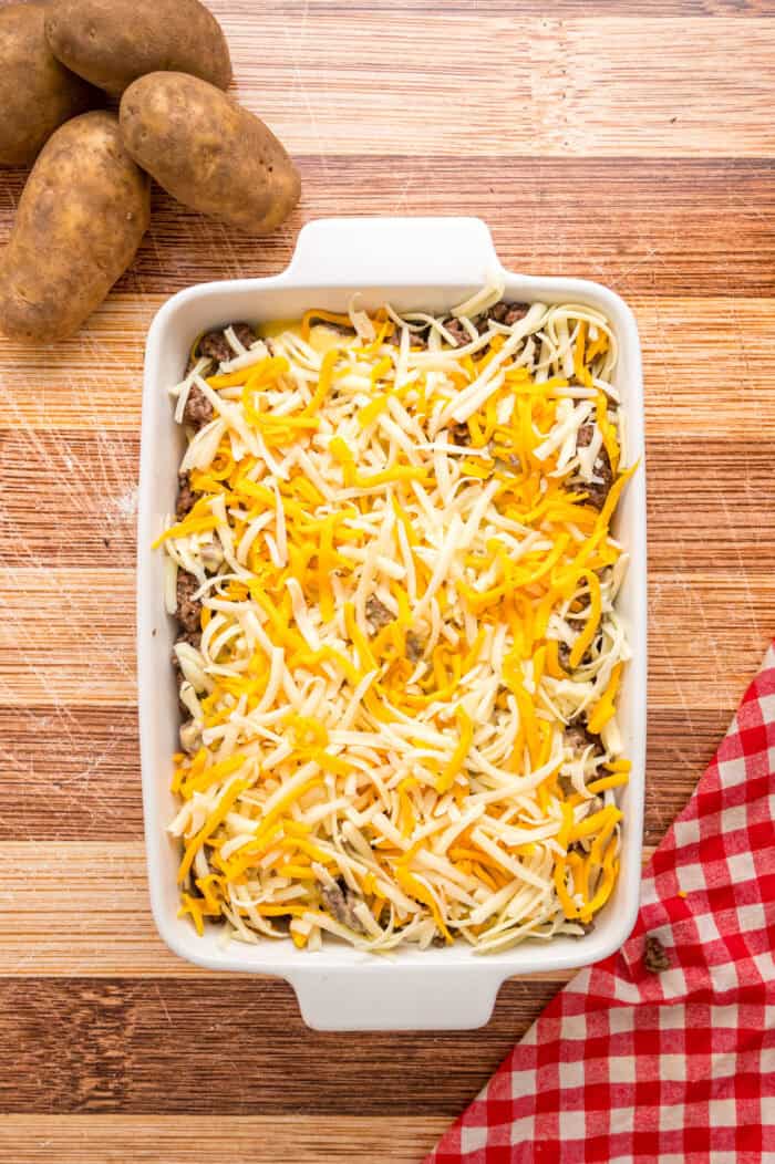 Shredded cheese on top of a casserole
