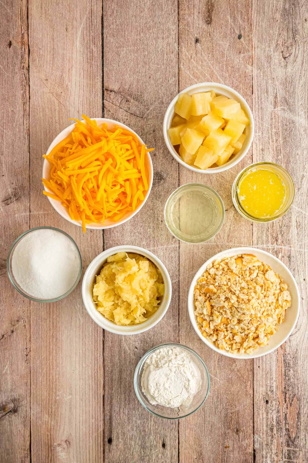 Overhead view of ingredients needed to make pineapple casserole
