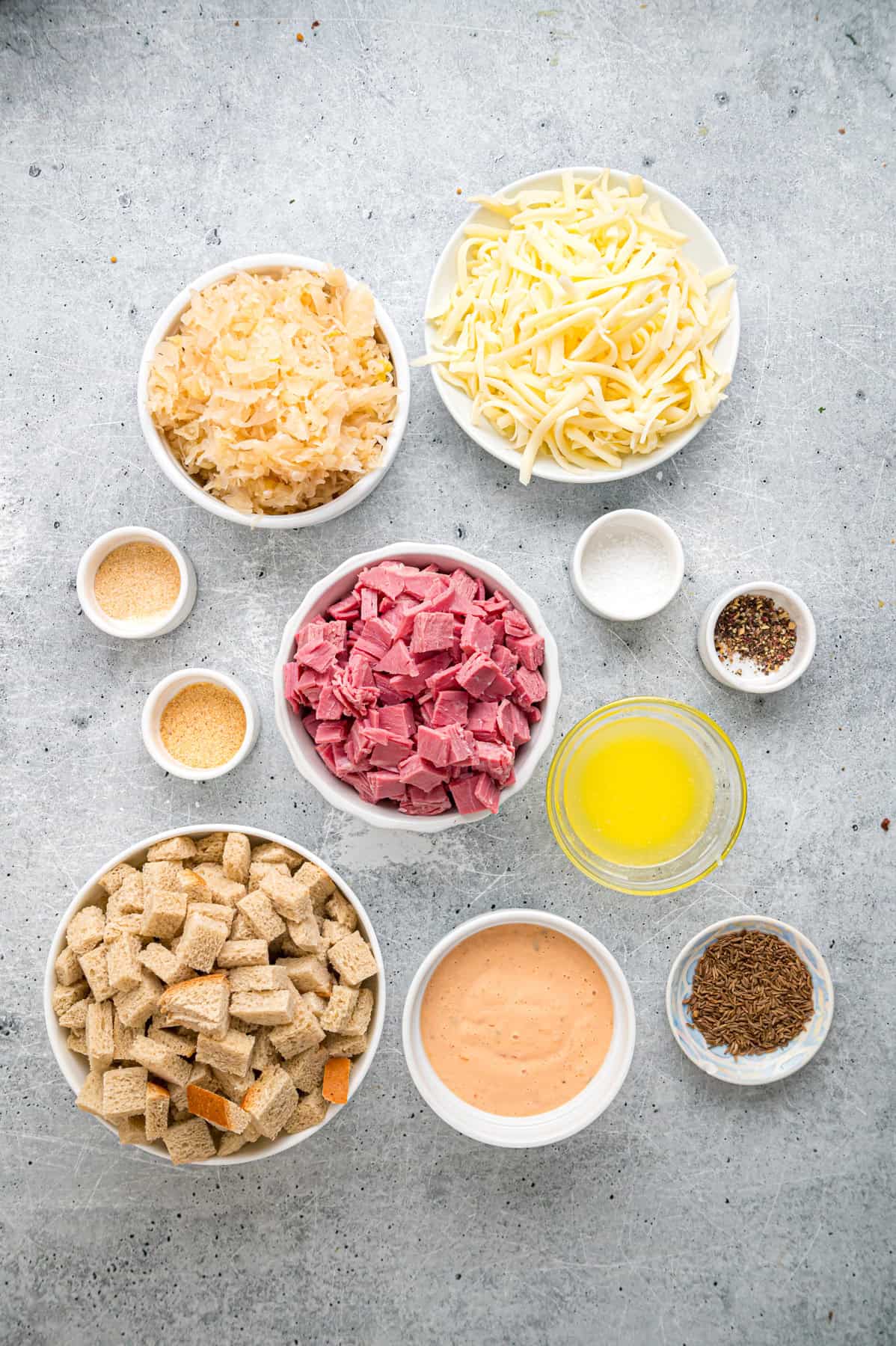 Overhead view of ingredients needed to make Reuben casserole