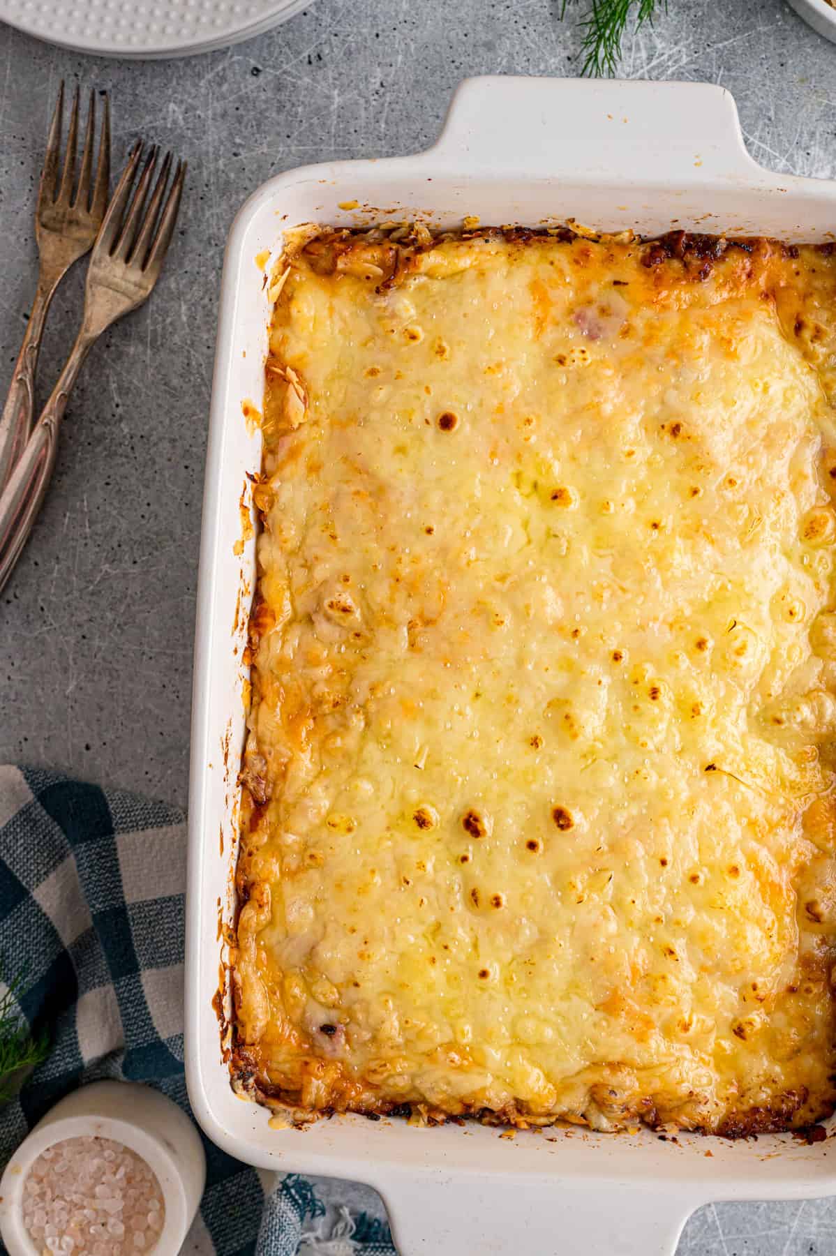 Overhead view of a Reuben casserole