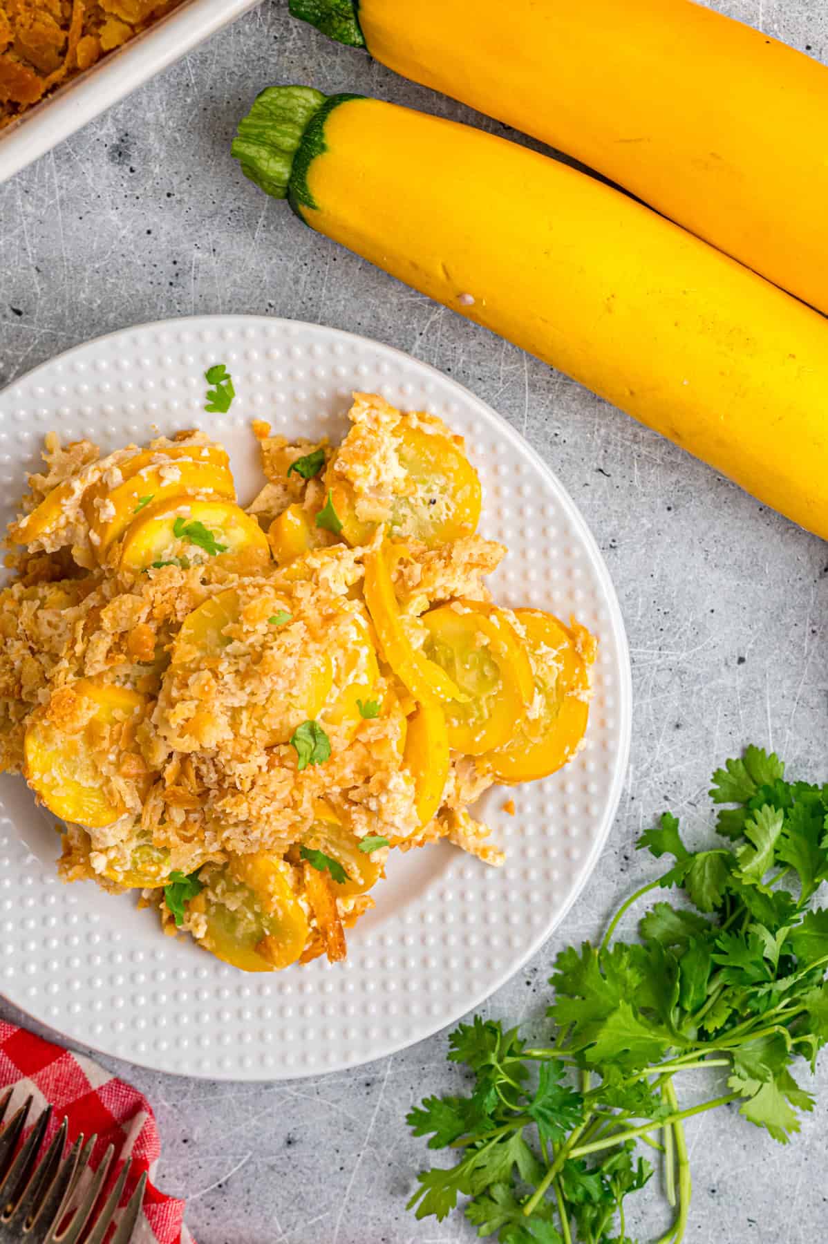 Overhead view of a plate of Southern squash casserole
