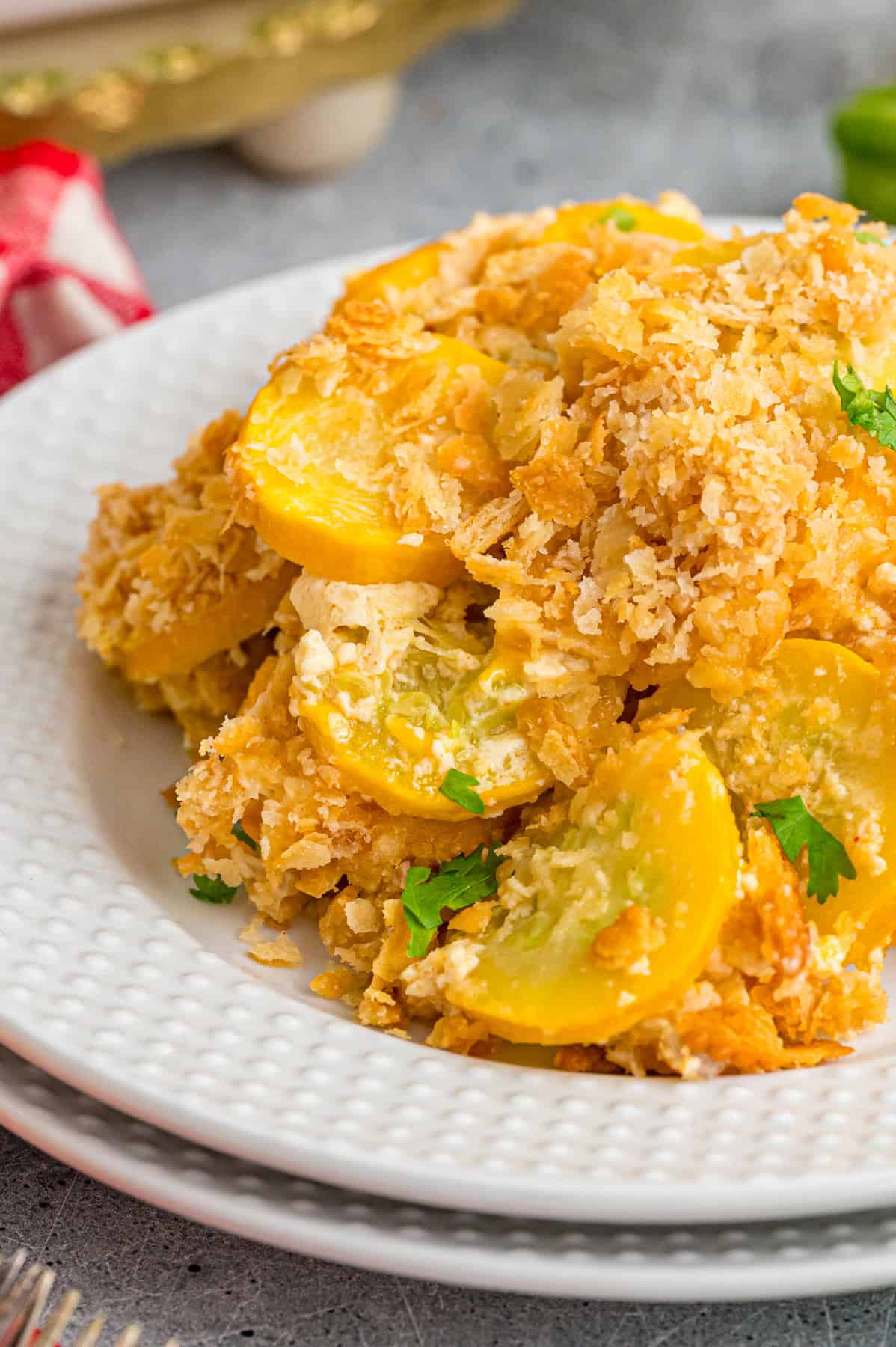 Close up of a plate of Southern squash casserole