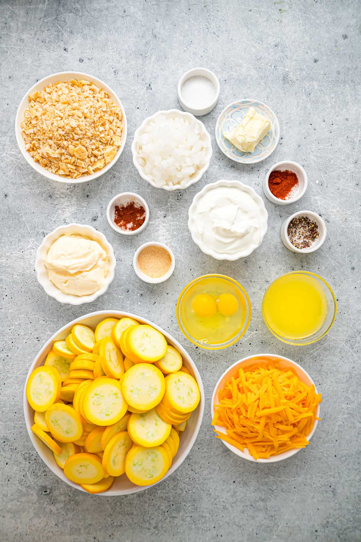 Overhead view of ingredients needed to make Southern squash casserole