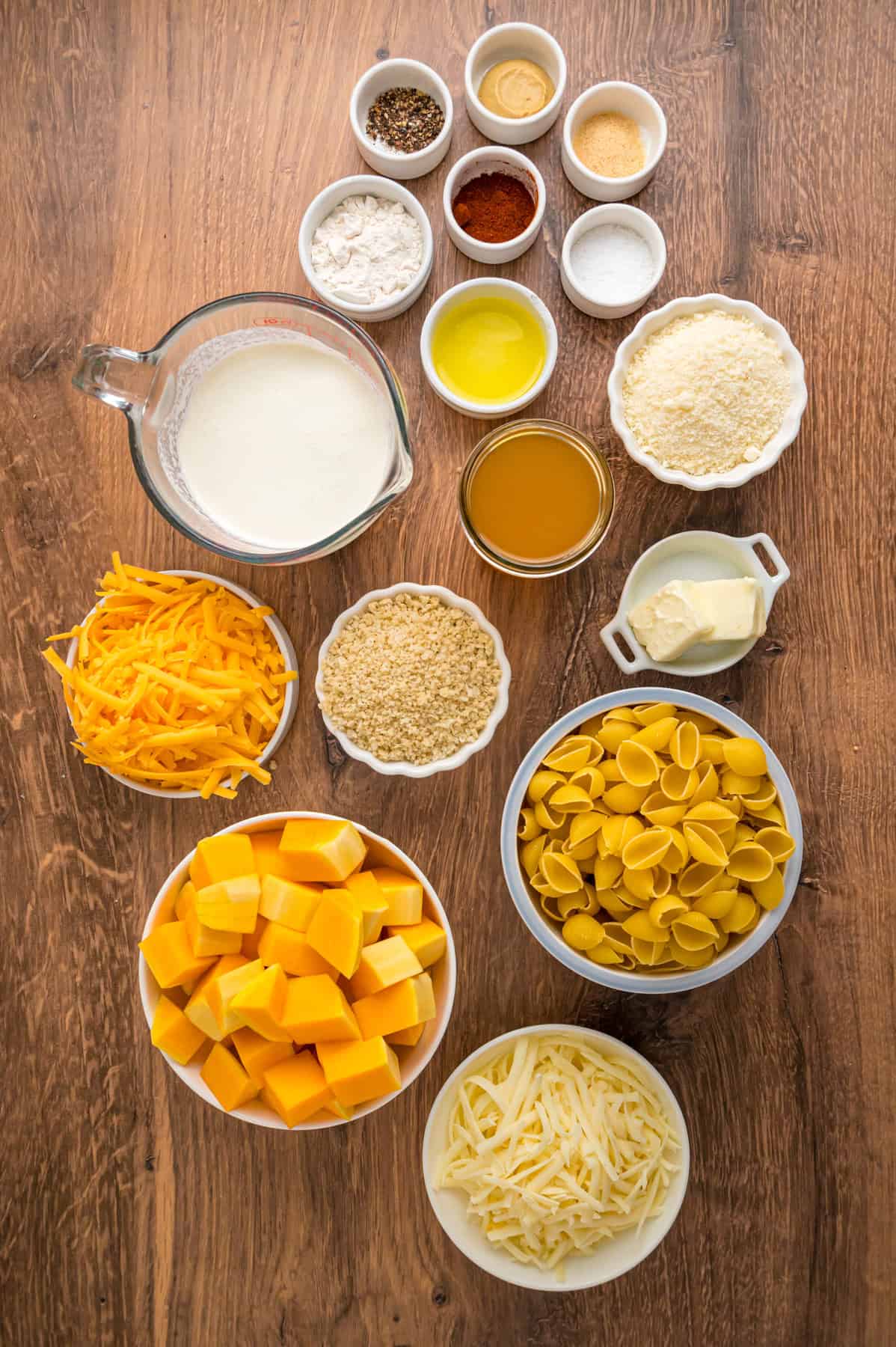 Overhead view of ingredients needed to make butternut squash mac and cheese