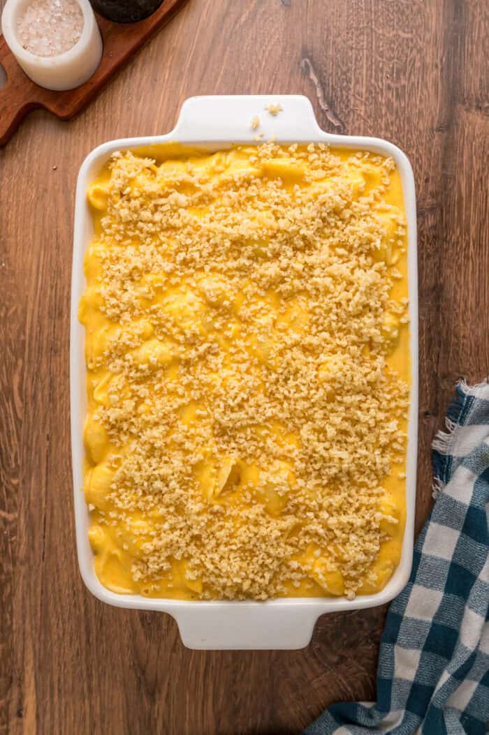 Overhead view of unbaked butternut squash mac and cheese