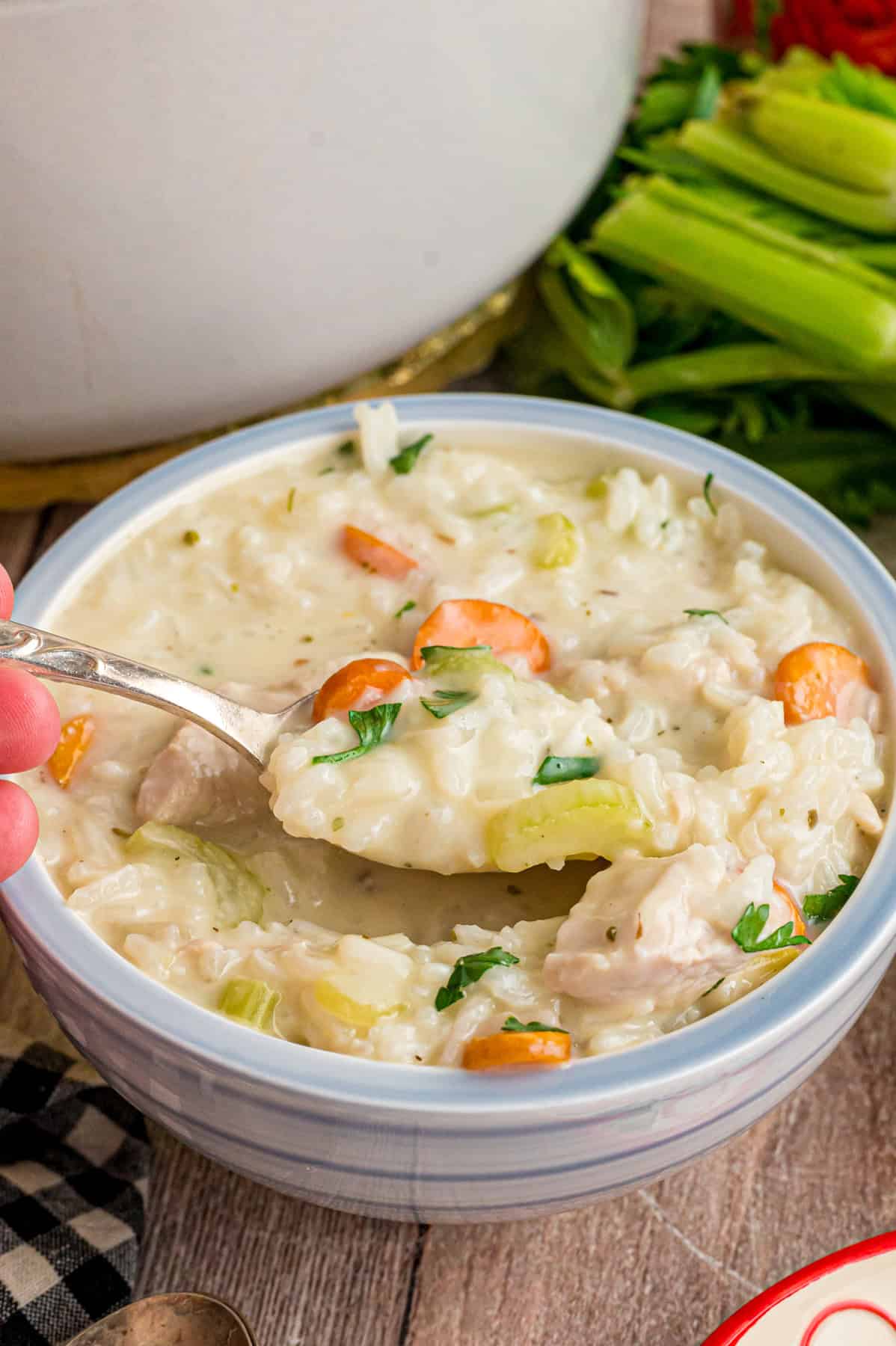 Ready in just under an hour, this Chicken and Rice Soup is quick, easy, and filling. Perfect for busy fall weeknights! A spoon in a bowl of chicken and rice soup