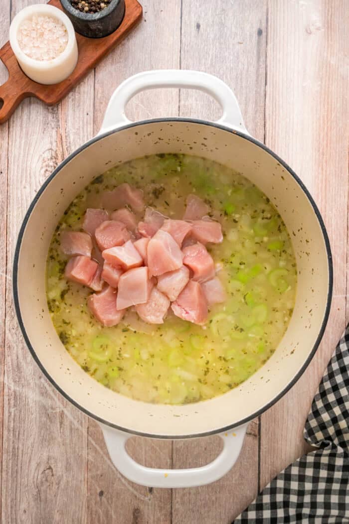 Ready in just under an hour, this Chicken and Rice Soup is quick, easy, and filling. Perfect for busy fall weeknights! Chunks of chicken breast added to broth