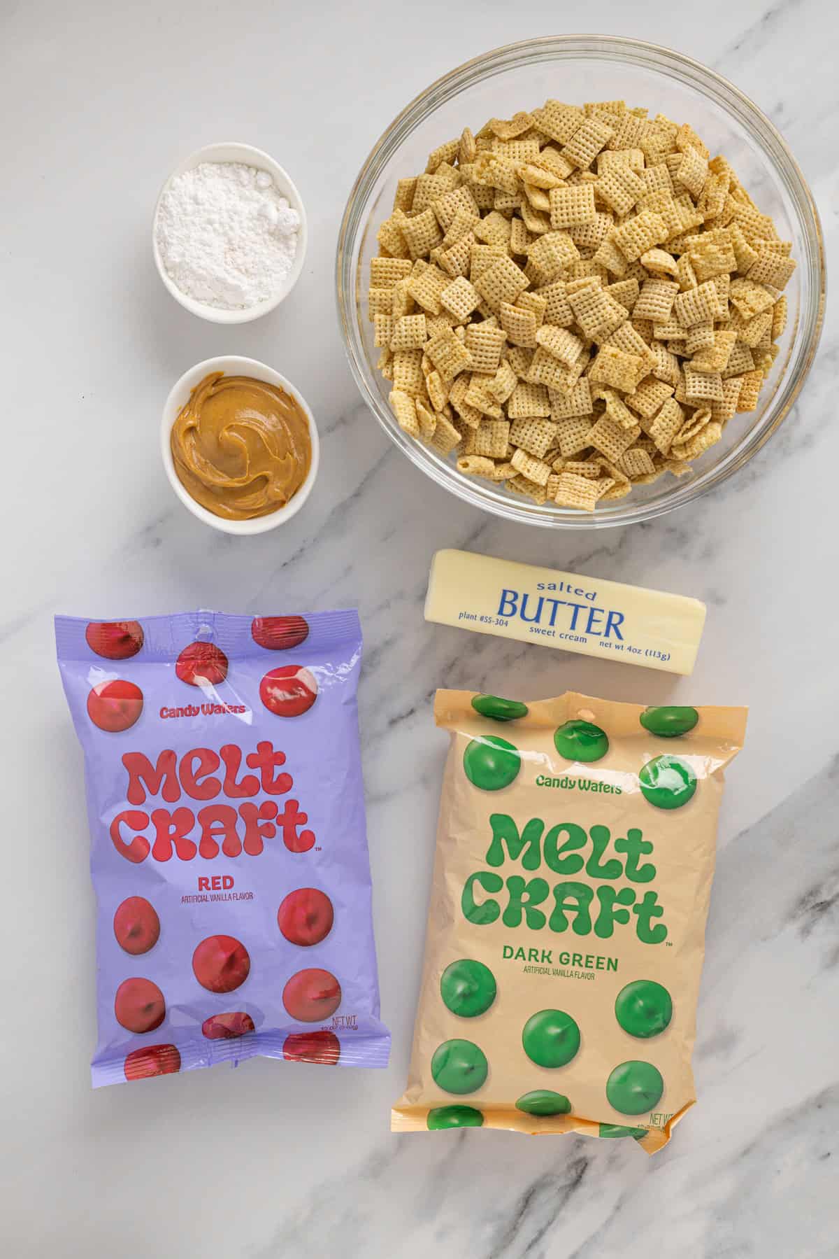 Overhead view of ingredients needed to make Christmas puppy chow