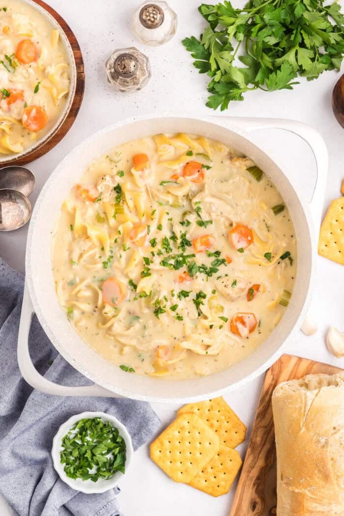 Creamy Chicken Noodle Soup combines tender chicken, hearty noodles, and a flavorful broth in a single pot for a comforting & easy meal. Overhead view of a pot of creamy chicken noodle soup