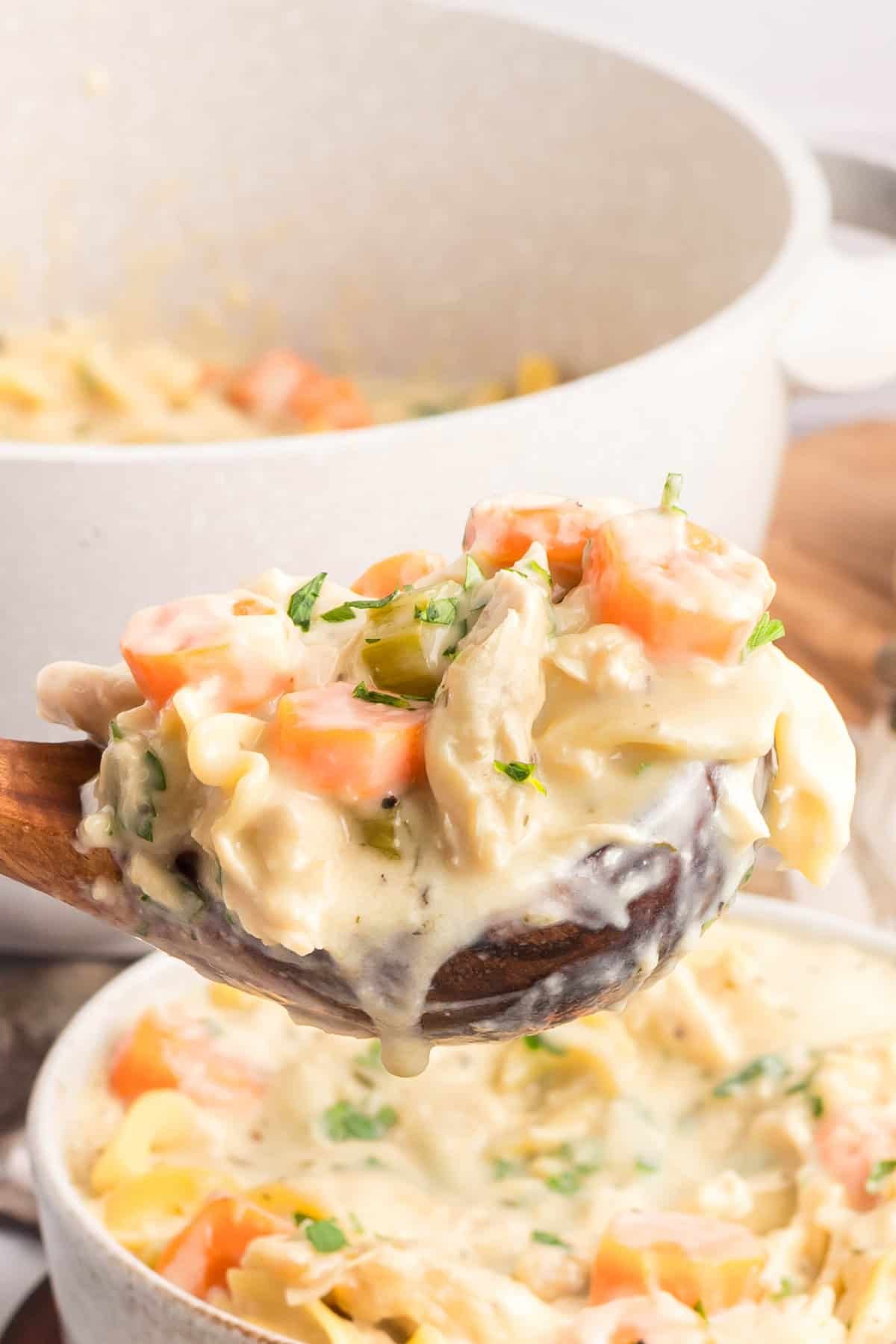 Creamy Chicken Noodle Soup combines tender chicken, hearty noodles, and a flavorful broth in a single pot for a comforting & easy meal. A ladle of creamy chicken noodle soup