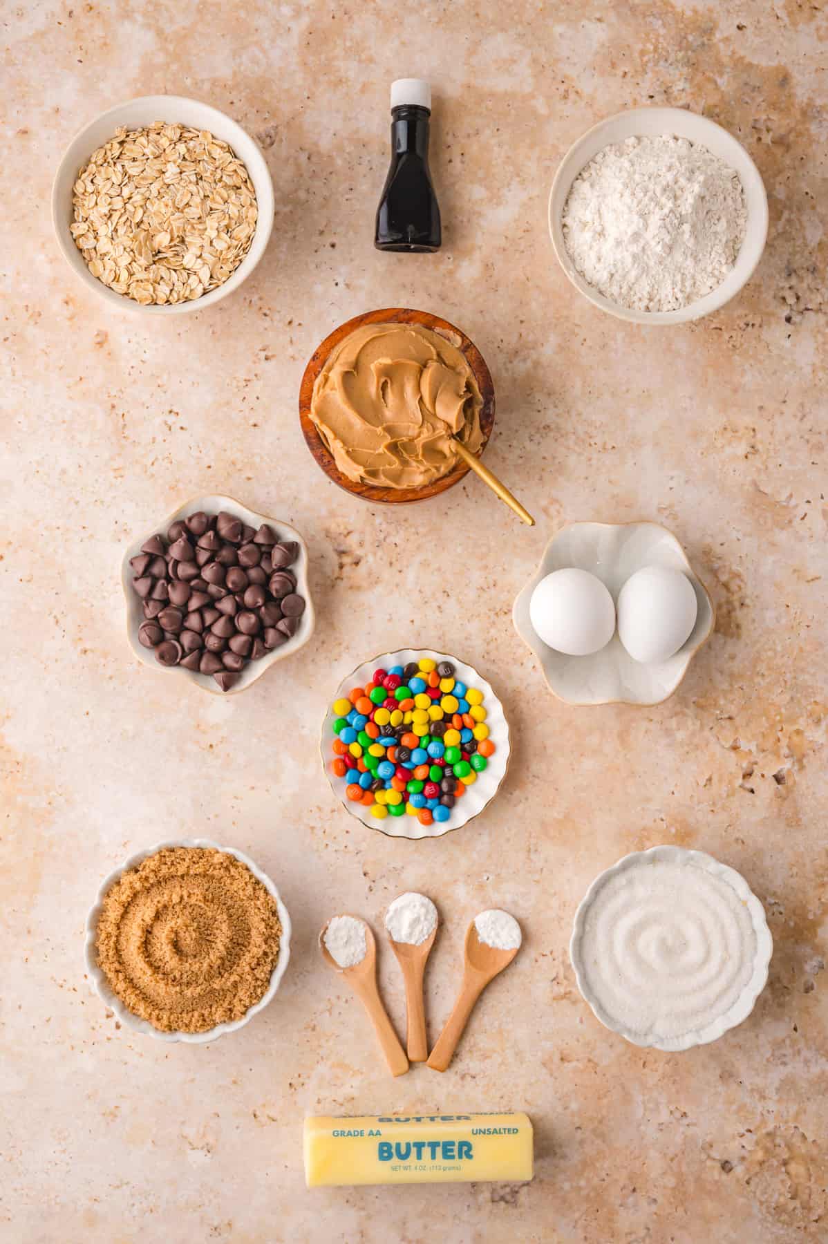 Overhead view of ingredients needed to make monster cookies