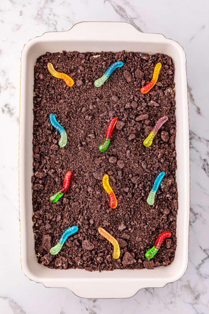 Gummy worms on top of Oreo dirt cake