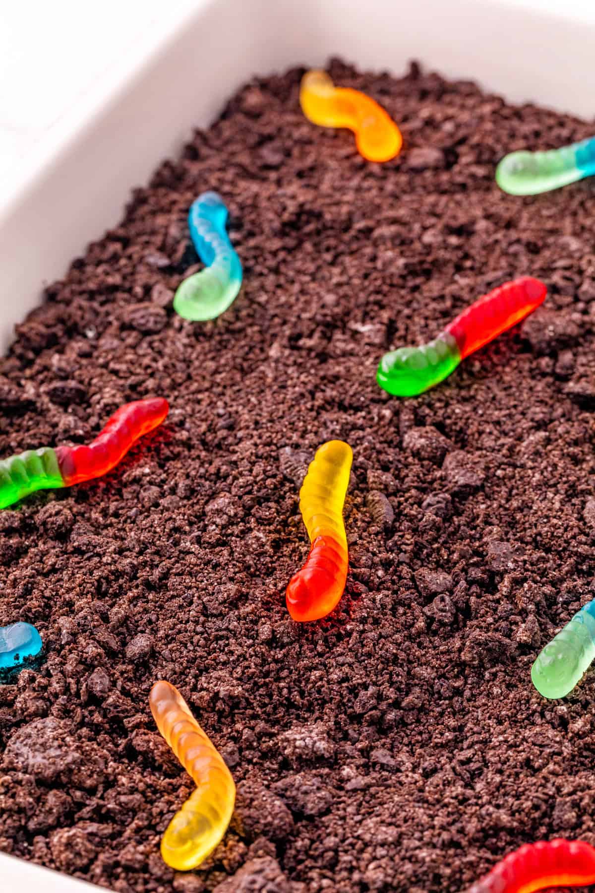 Close up of gummy worms on Oreo dirt cake