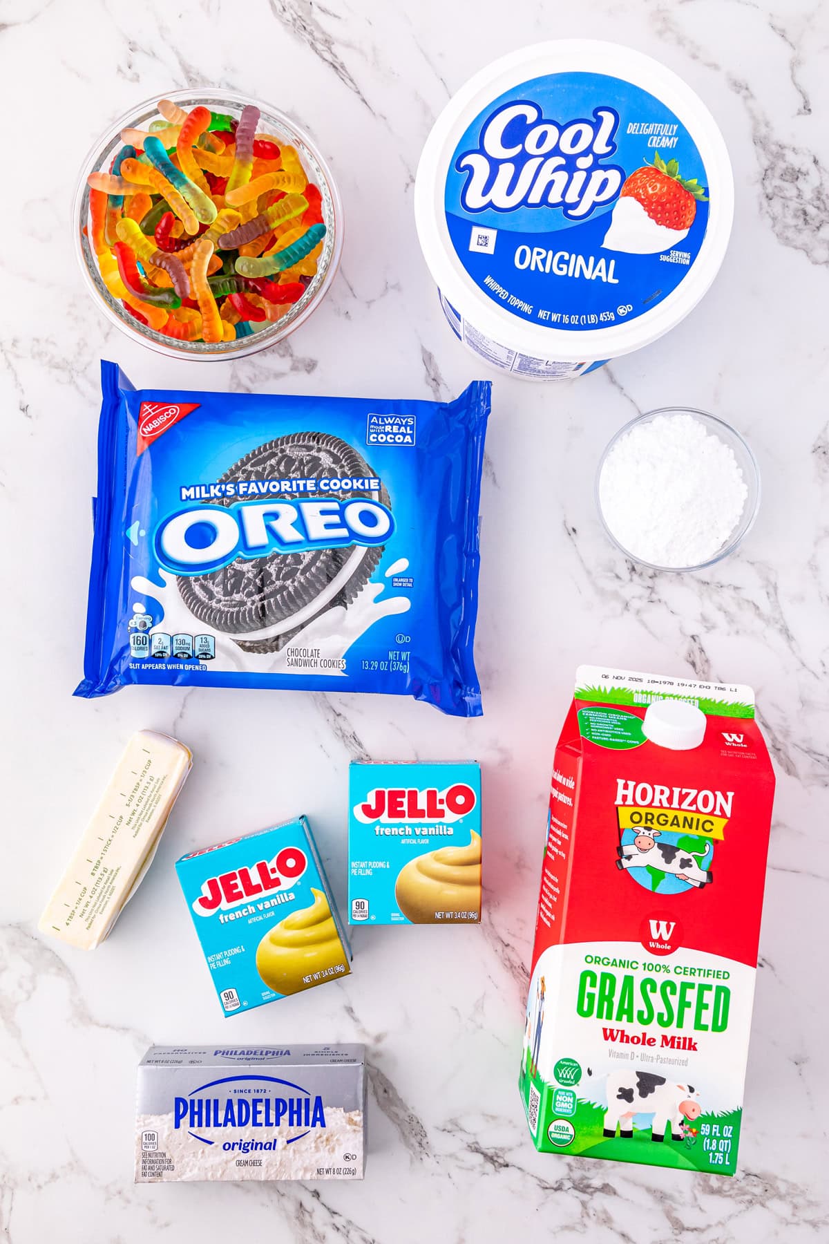 Overhead view of ingredients needed to make Oreo dirt cake