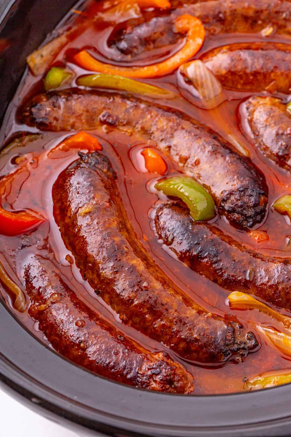 Close up of slow cooker sausage and peppers