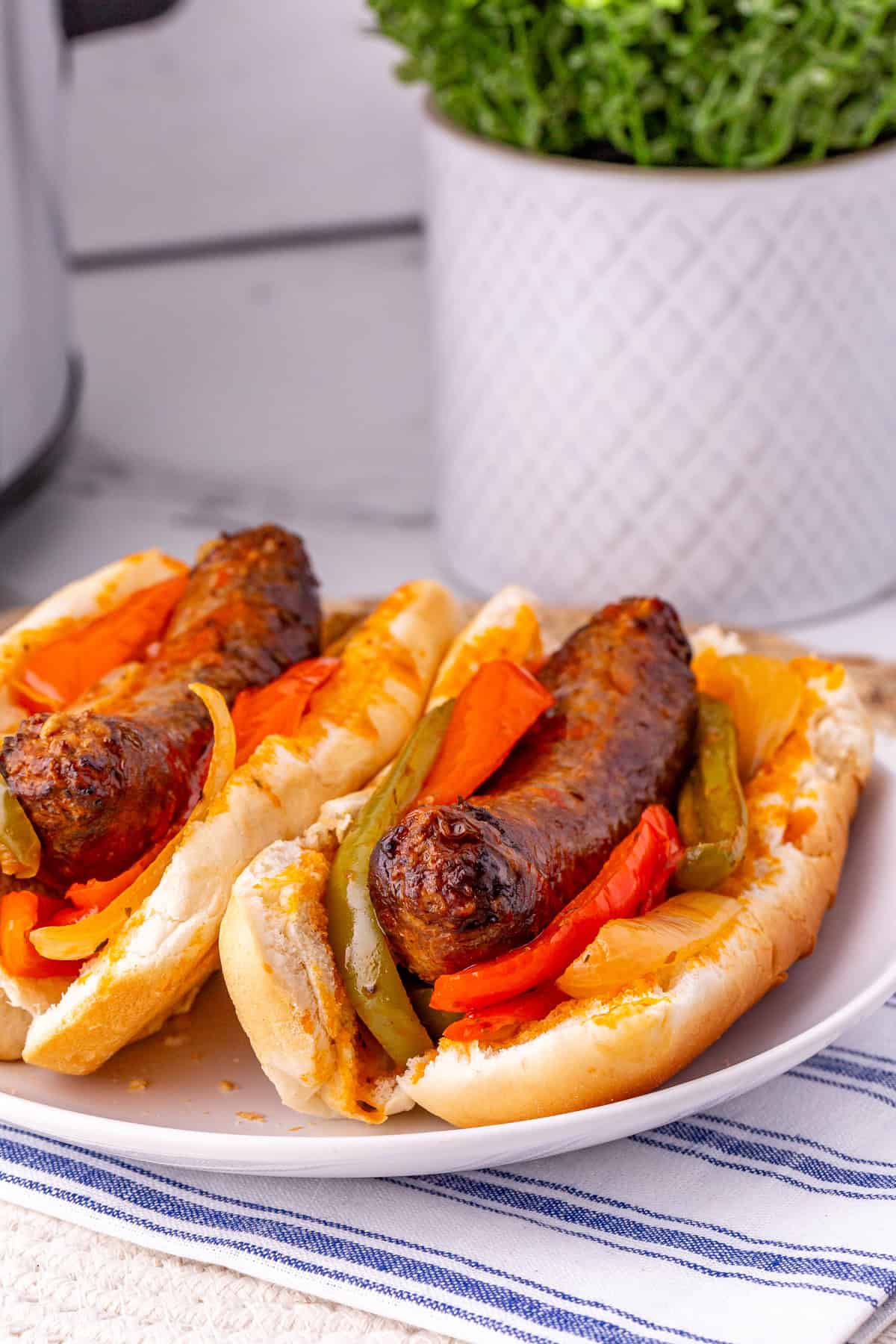 Sausage and peppers in hot dog buns on a white plate