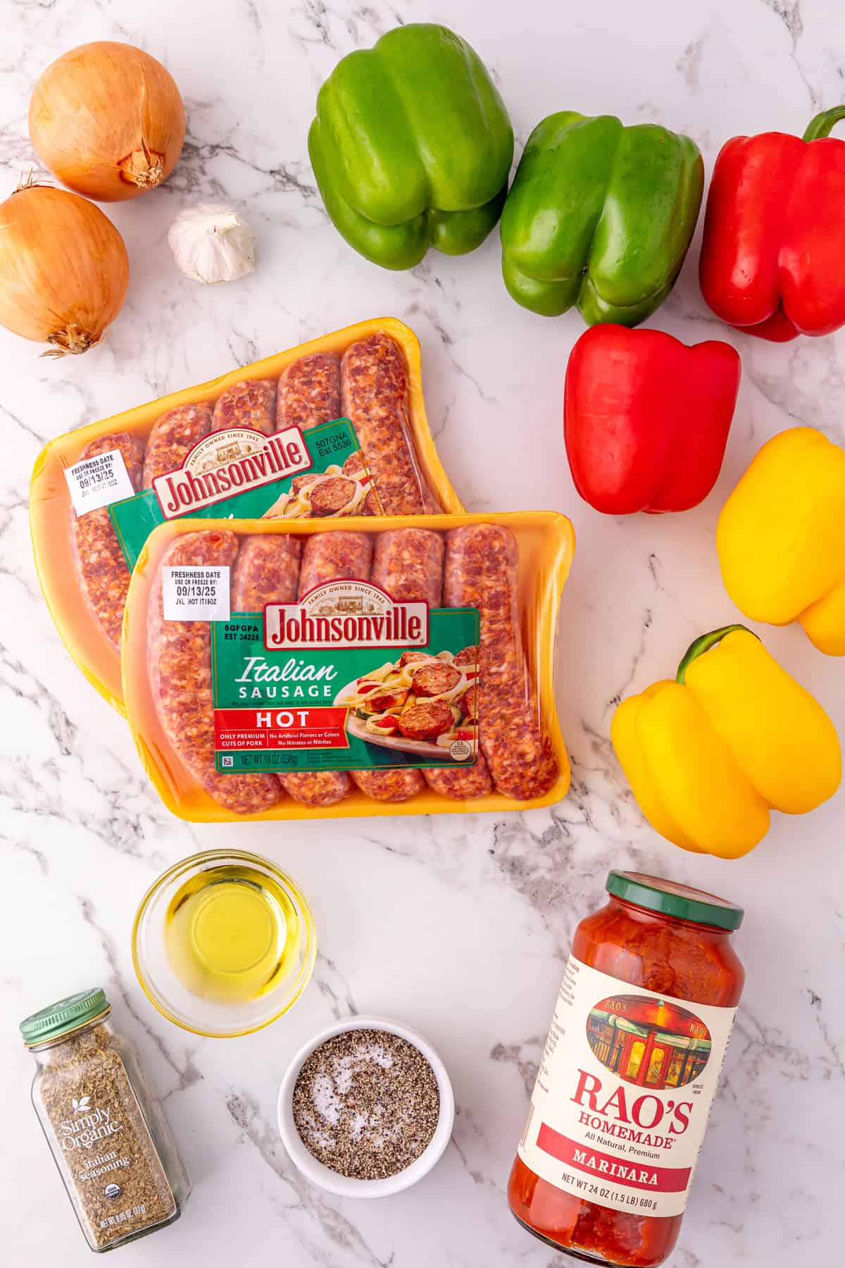 Overhead view of ingredients needed to make slow cooker sausage and peppers
