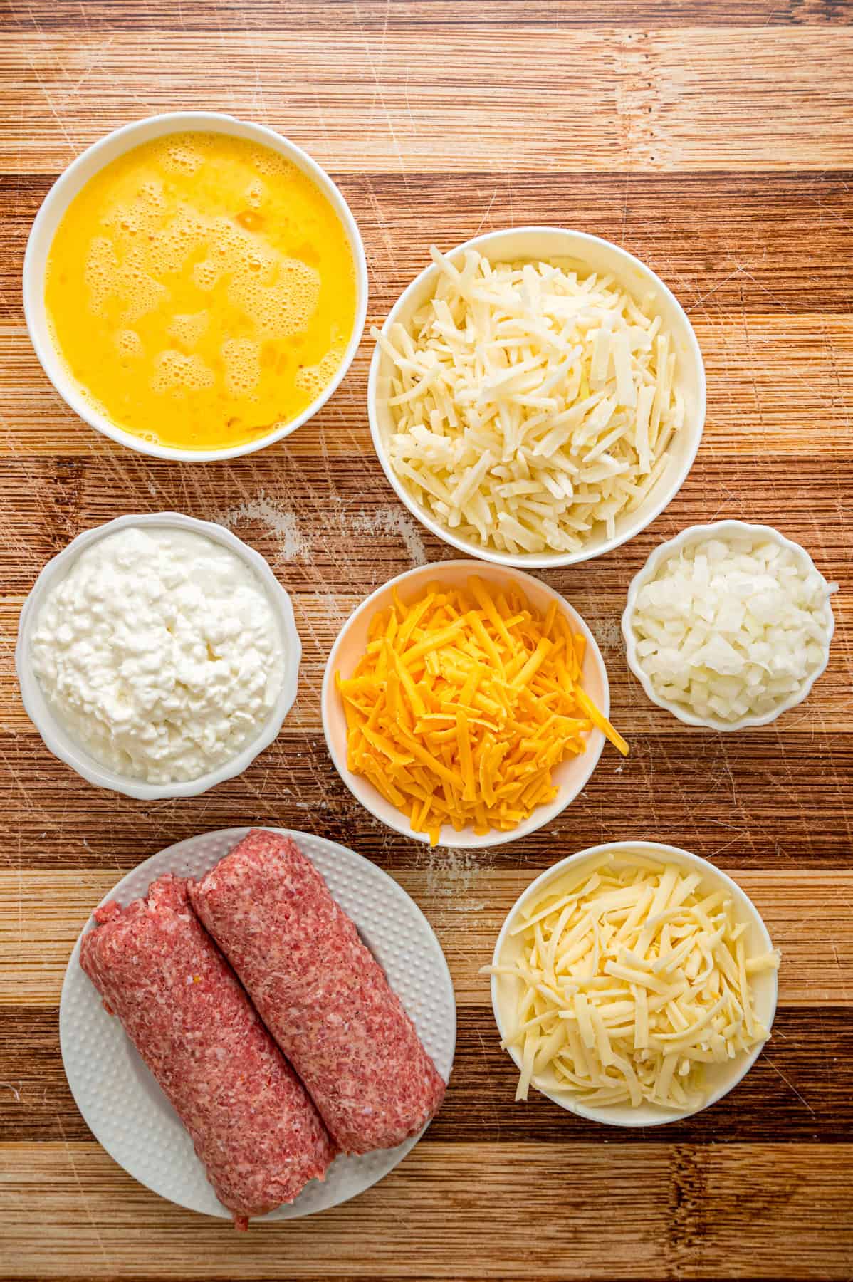 Overhead view of ingredients needed to make Amish breakfast casserole.