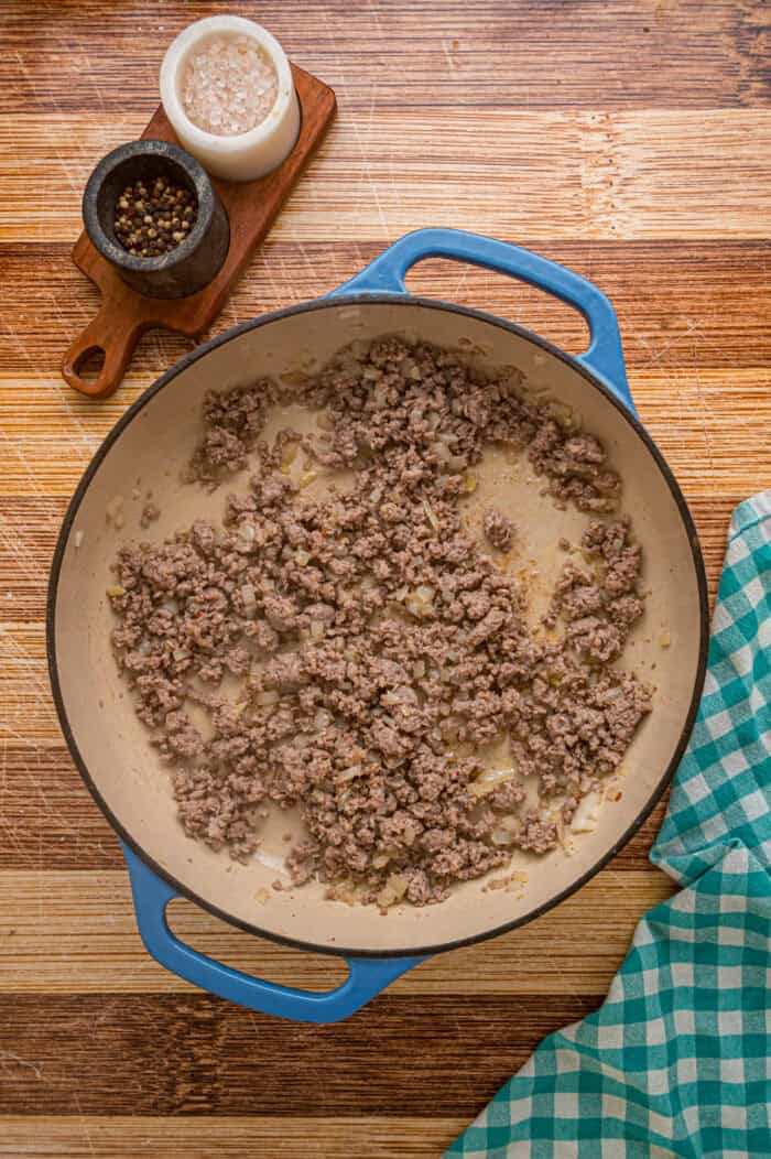Ground breakfast sausage in a skillet