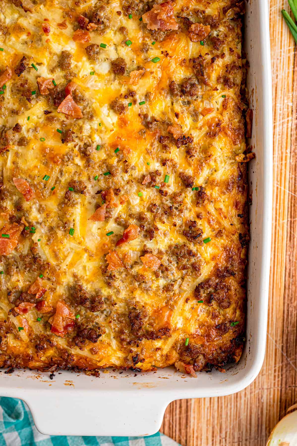 Overhead view of a baking dish of Amish breakfast casserole