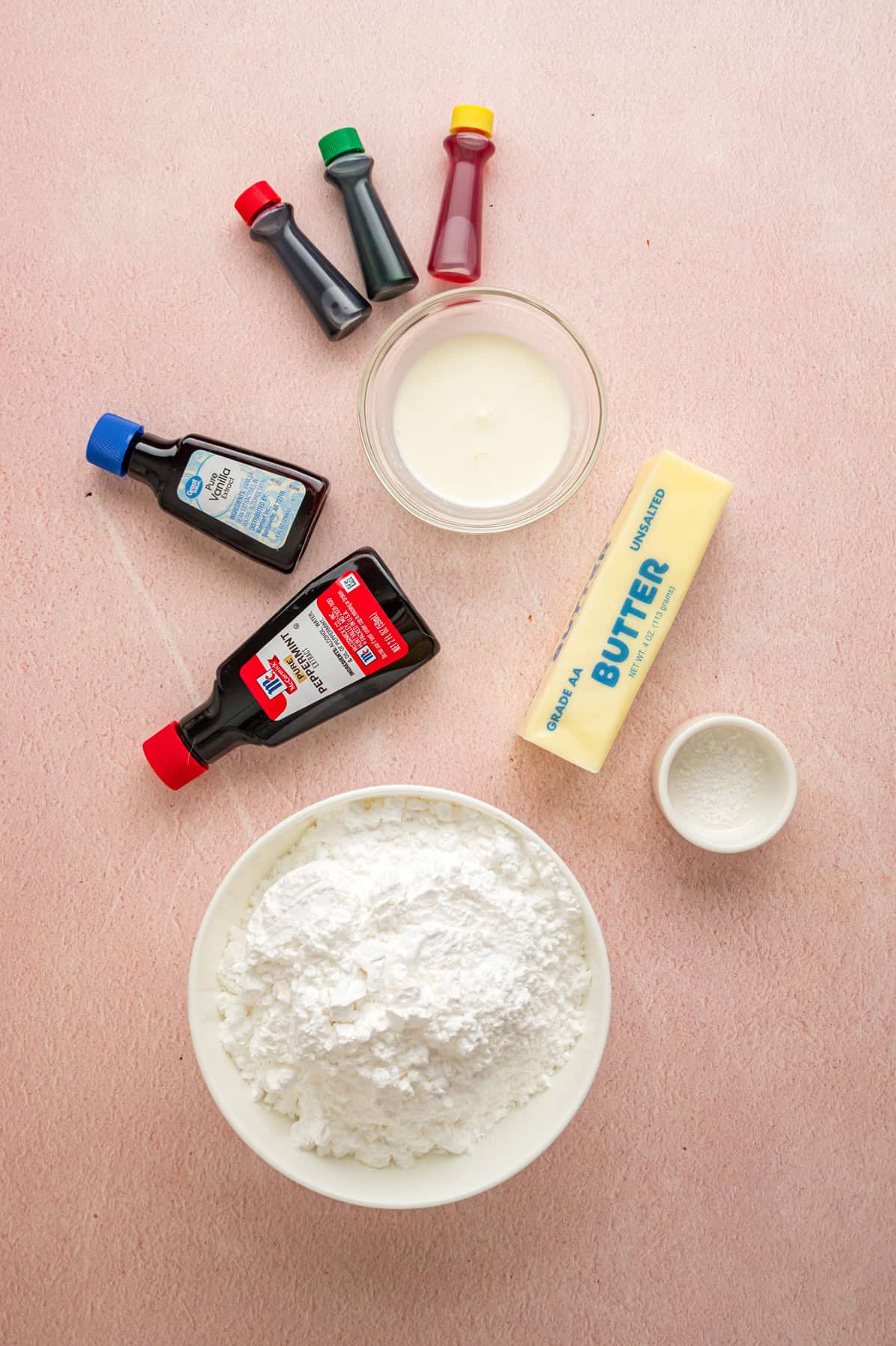 These melt-in-your-mouth Butter Mints are made with just a few ingredients and require no cooking. Easy to customize! Overhead view of ingredients needed to make butter mints