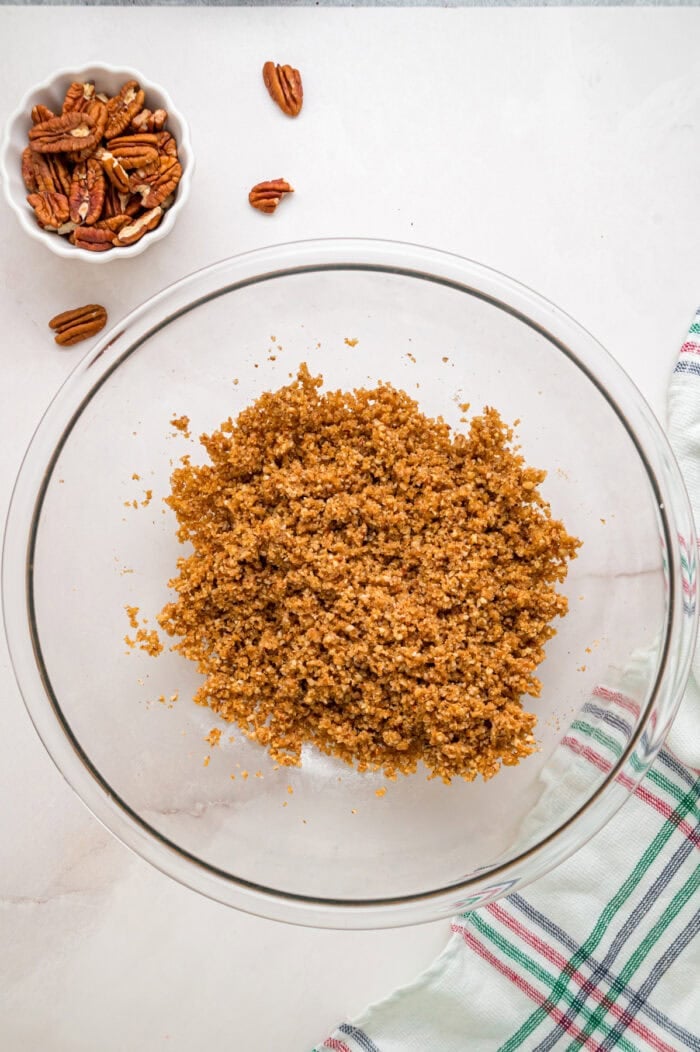 Crumbly pecan filling in a bowl