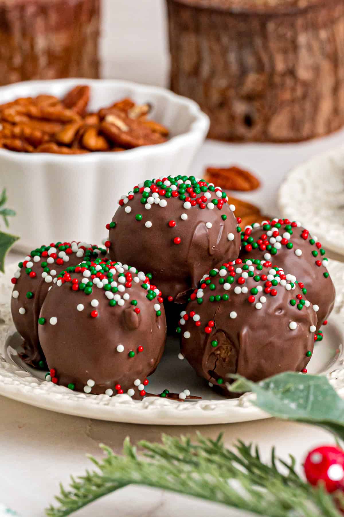 Pecan Pie Balls decorated for Christmas