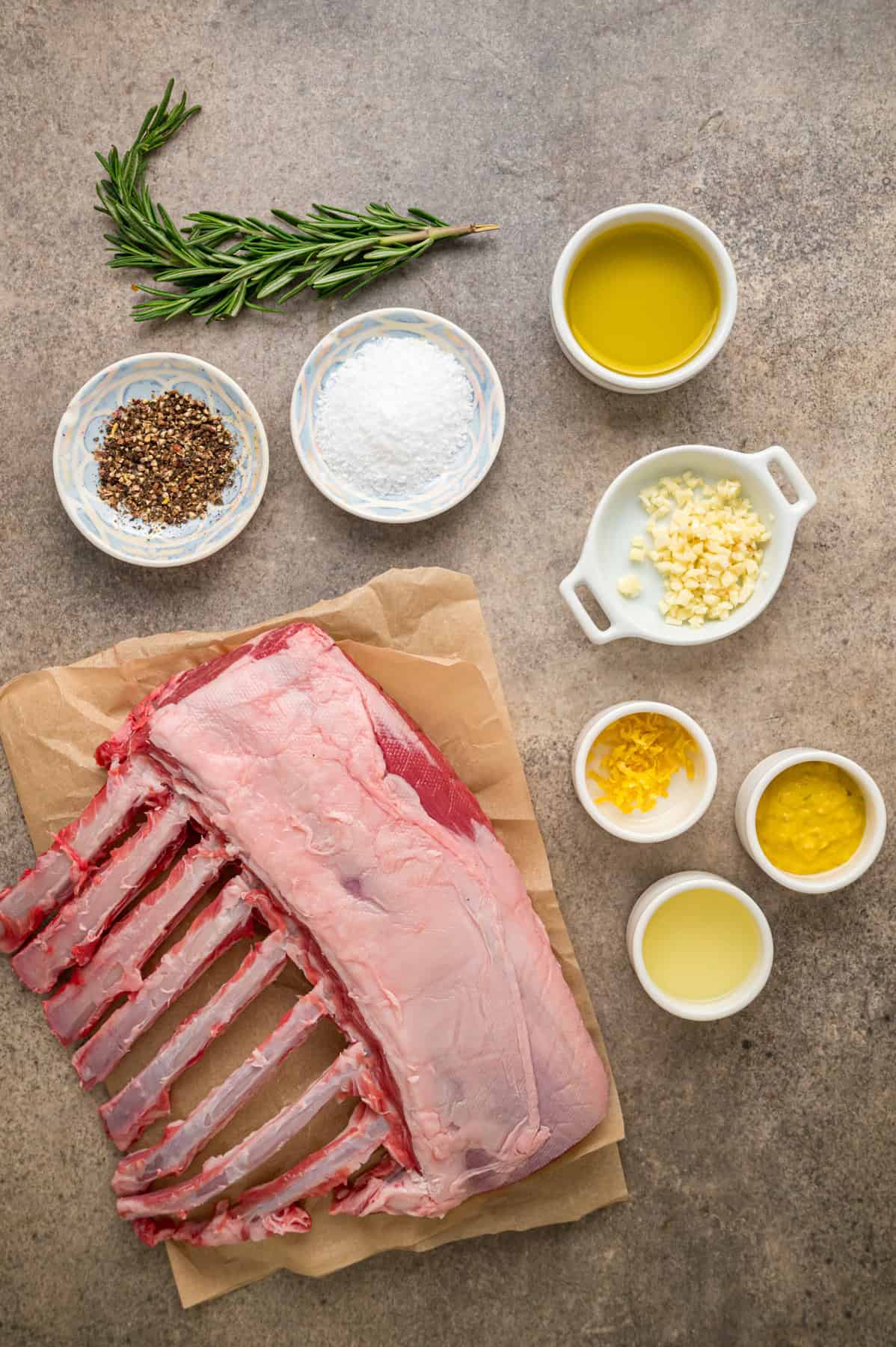 Overhead view of ingredients needed to make a rack of lamb
