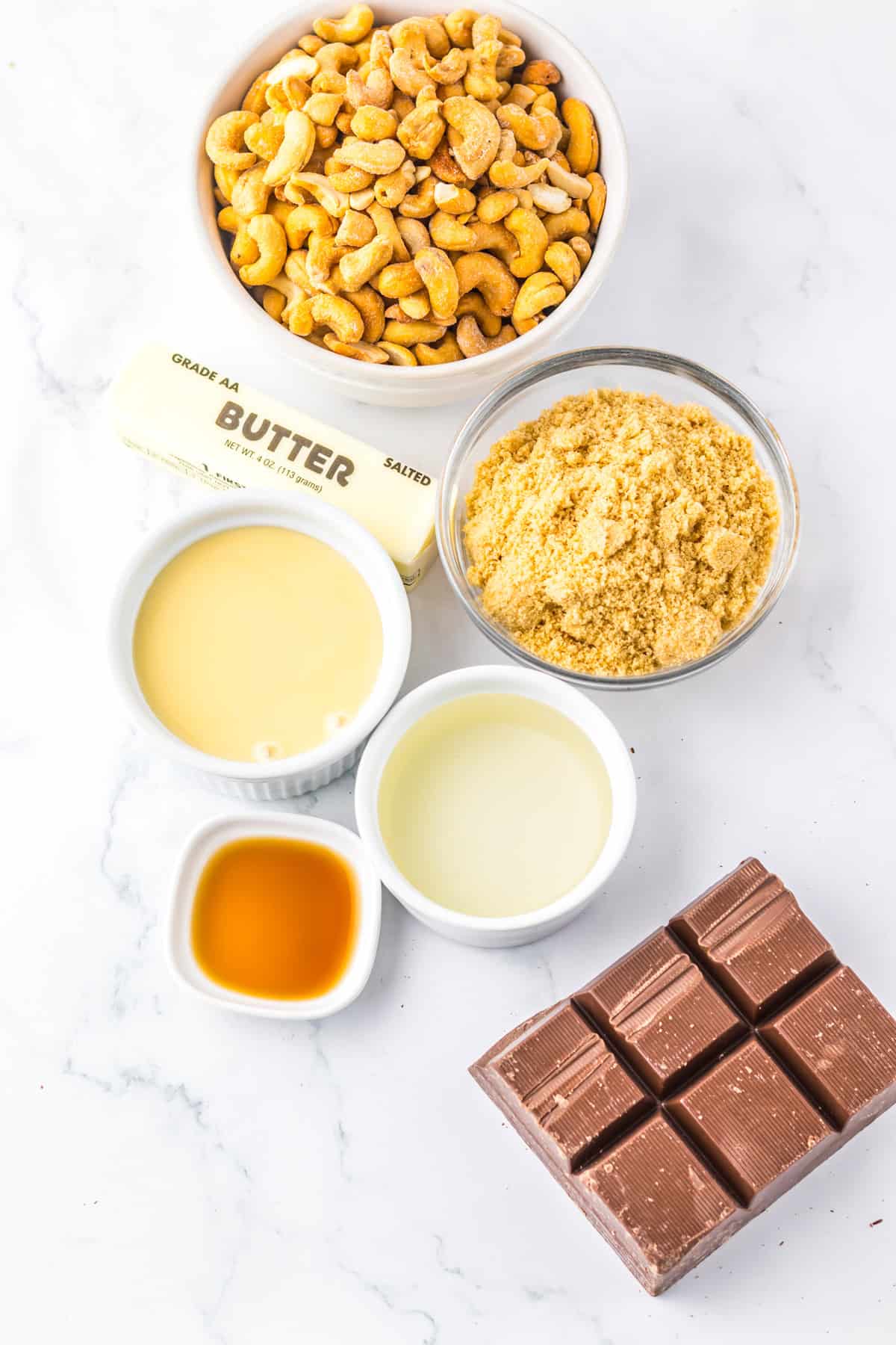 Overhead view of ingredients needed to make cashew clusters