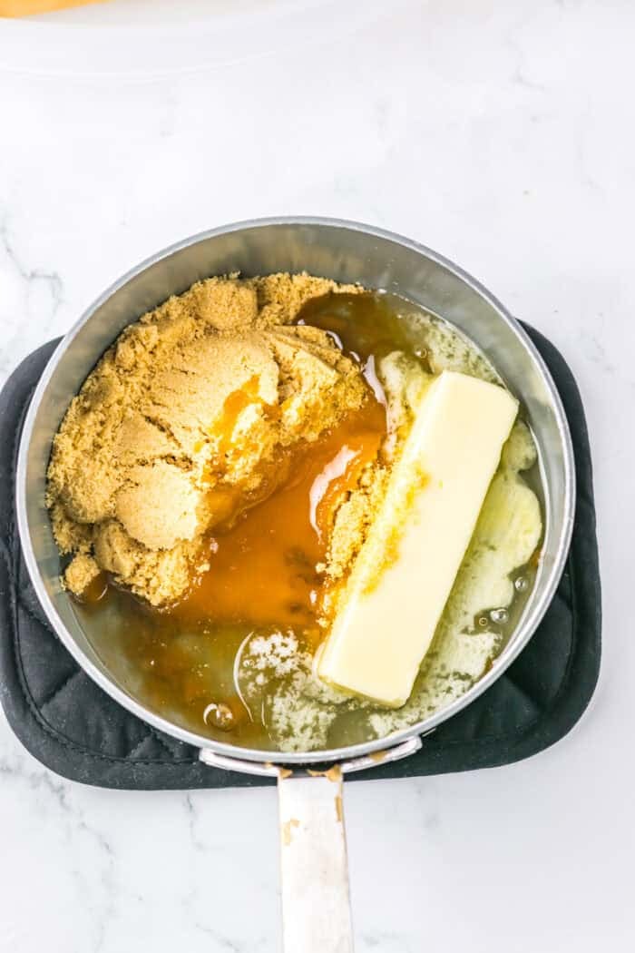 Brown sugar, corn syrup, and butter in a saucepan