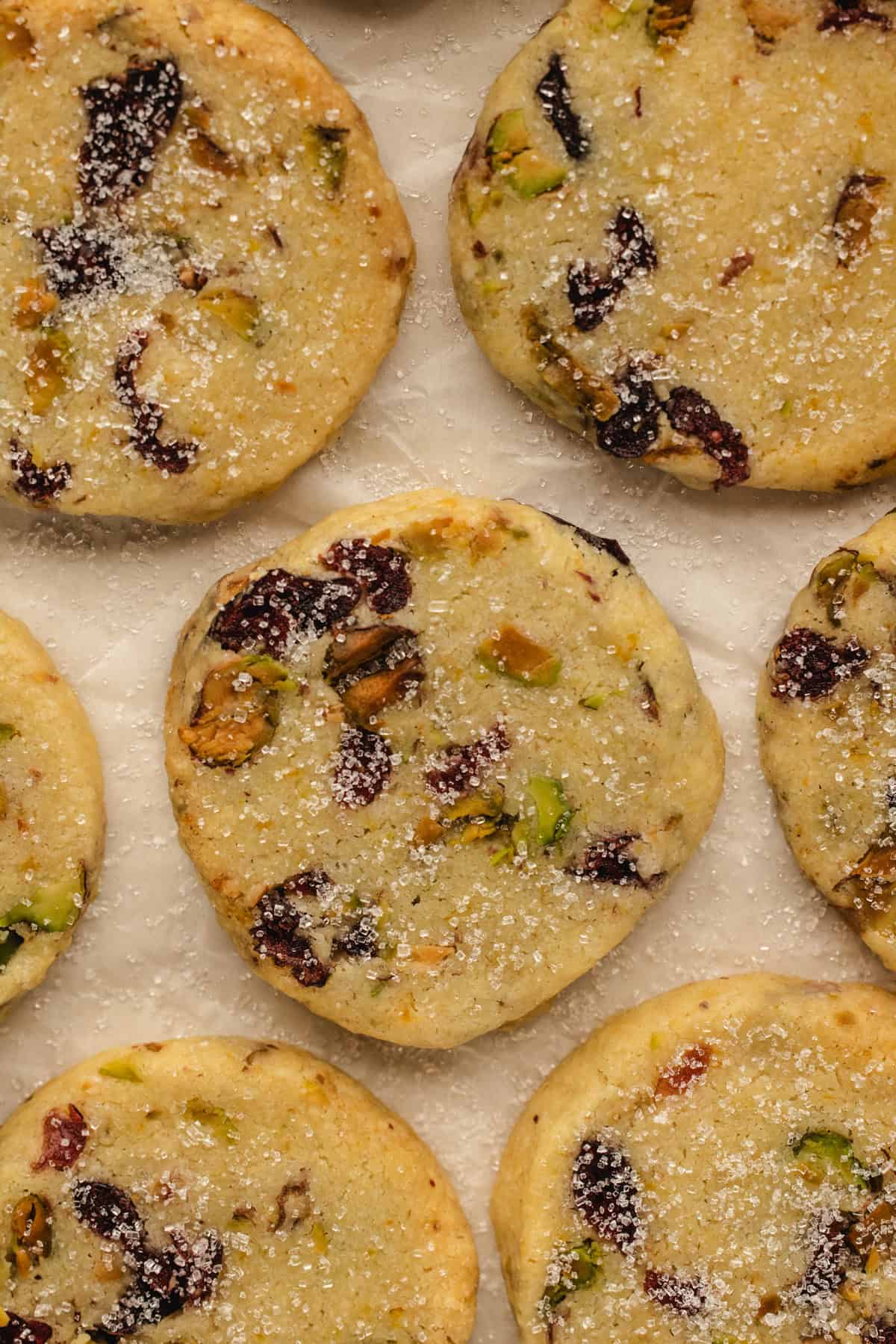 Overhead view of cranberry pistachio shortbread cookies