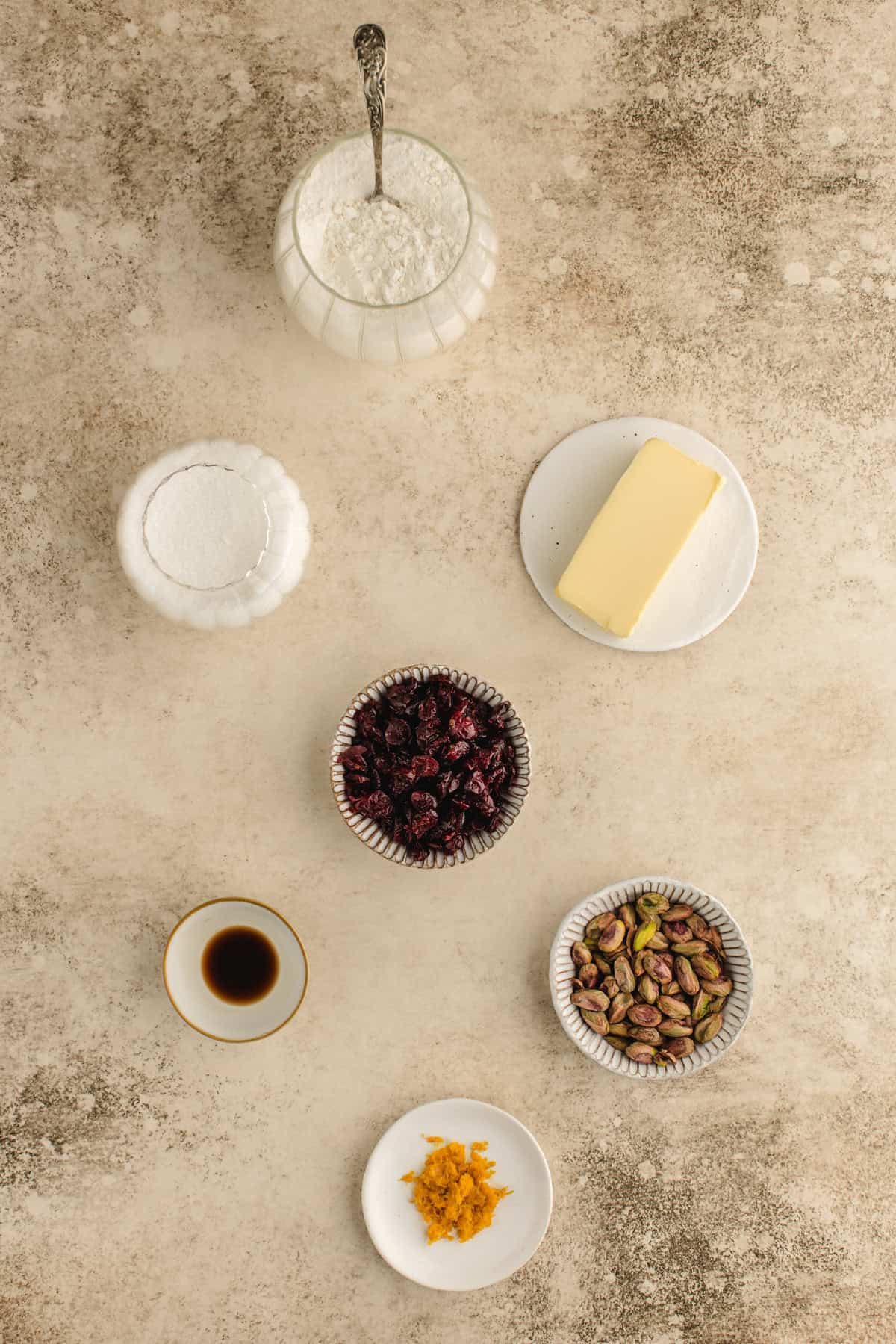 Overhead view of ingredients needed to make Cranberry Pistachio shortbread