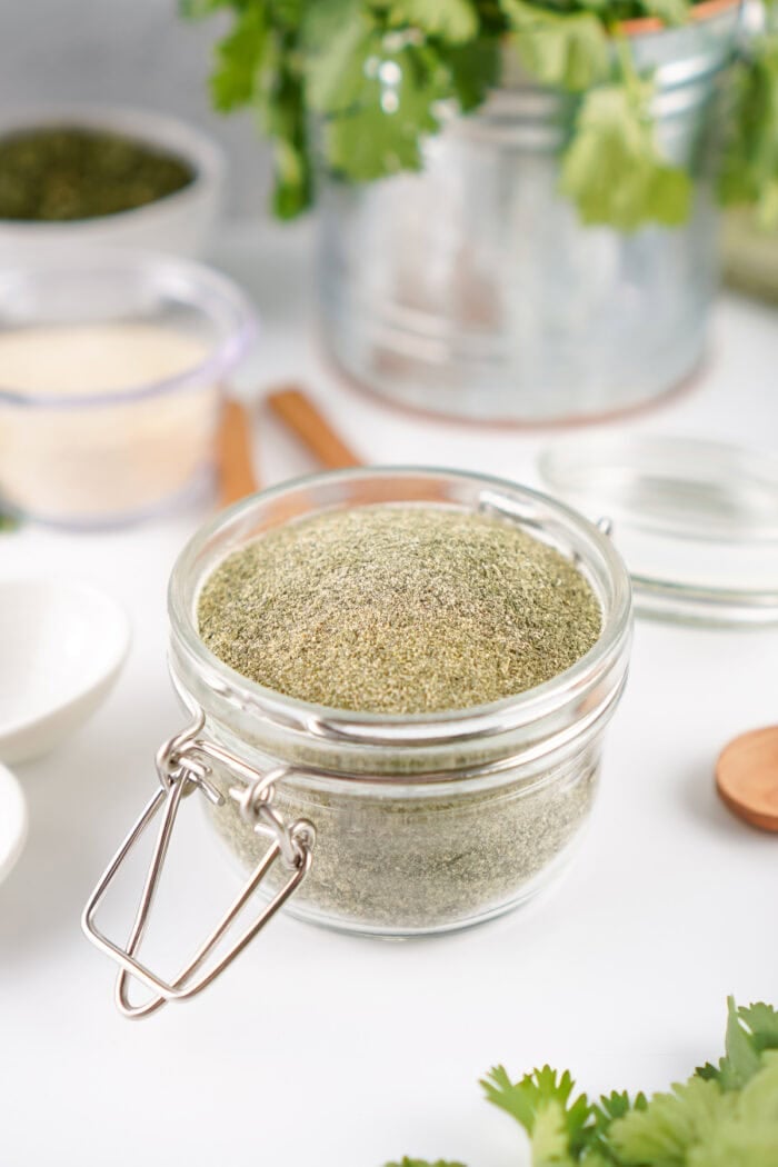 With just 6 simple spices, this Homemade Ranch Seasoning takes less than 5 minutes to prepare. A pantry staple! A small glass jar of homemade ranch seasoning