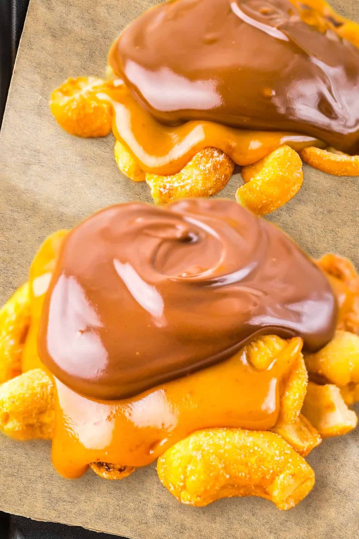 Caramel Cashew Clusters on a baking sheet