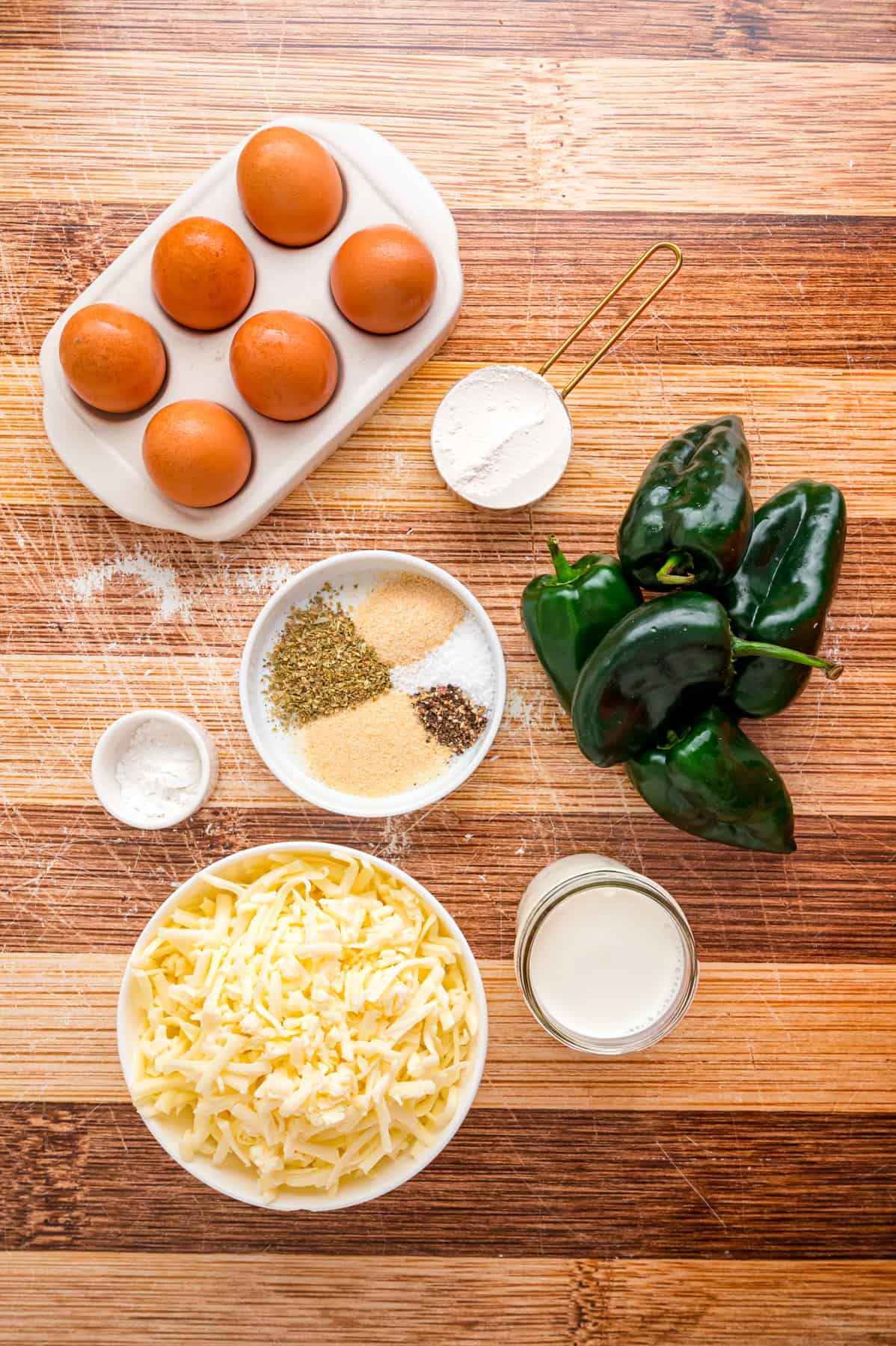 Overhead view of ingredients needed to make chile relleno casserole