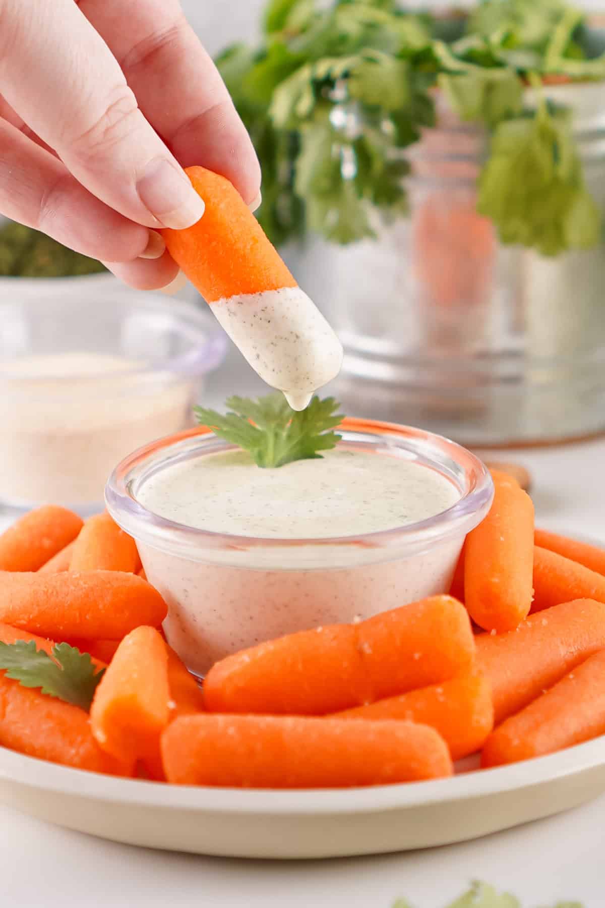 With just 6 simple spices, this Homemade Ranch Seasoning takes less than 5 minutes to prepare. A pantry staple! dipping a carrot into homemade ranch