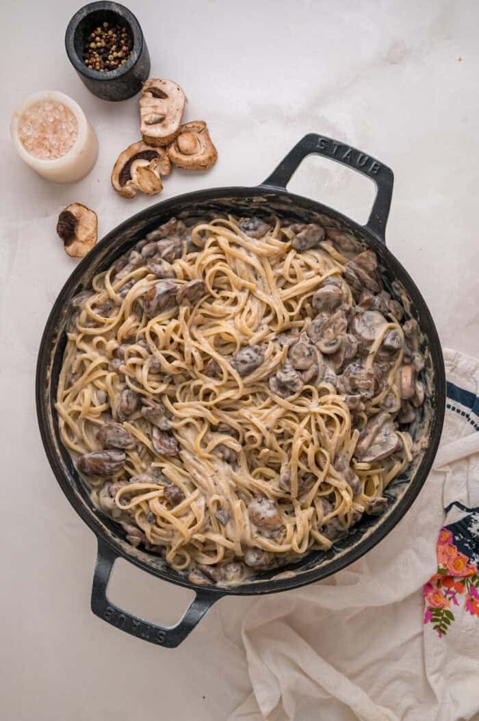 Ready in just 35 minutes, this Creamy Mushroom Pasta looks like a fancy restaurant dish but is easy enough to whip up on busy weeknights. Creamy mushroom pasta in a skillet